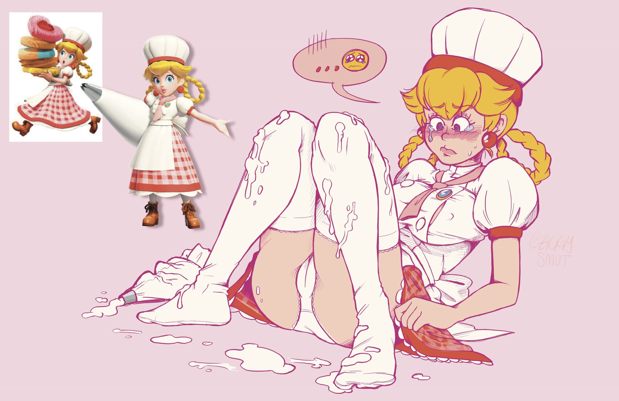 1girls, breasts, camel toe, cameltoe, chef hat, chef uniform, cream, crying face emoji, emoji, emote, fallen, female, female only, hat, headwear, jpeg, mario (series), nintendo, panties, patissiere peach, pink background, princess peach, princess peach: showtime!, reference image, stockings, thighhighs, whipped cream, white panties, ziggysmut