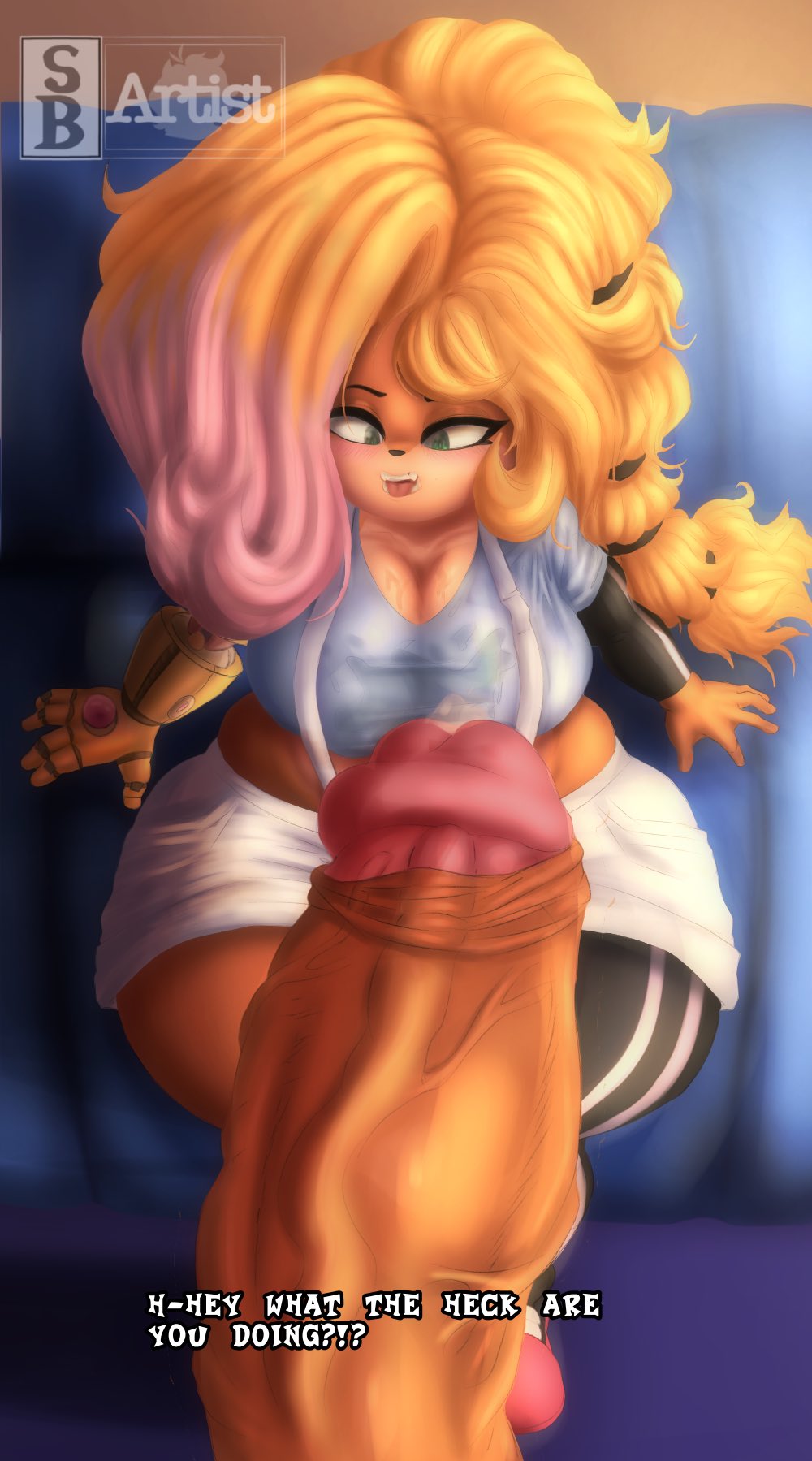 5_fingers activision anthro armwear bandicoot big_penis blush bodily_fluids brother_(lore) brother_and_sister_(lore) clothing coco_bandicoot crash_(series) crash_bandicoot curved_penis dialogue duo female fingers furniture genital_fluids genitals hair hi_res highlights_(coloring) huge_cock imminent_incest imminent_sex implied_incest incest_(lore) leaking_precum legwear male mammal marsupial mechanical_arm messy_hair offscreen_character penis ponytail precum precum_on_clothing precum_stain prosthetic shirt sibling_(lore) sister_(lore) snowyblue snowyblue1 sofa stained_clothing suspender_shorts t-shirt talking_to_viewer text thick_thighs topwear vein veiny_penis