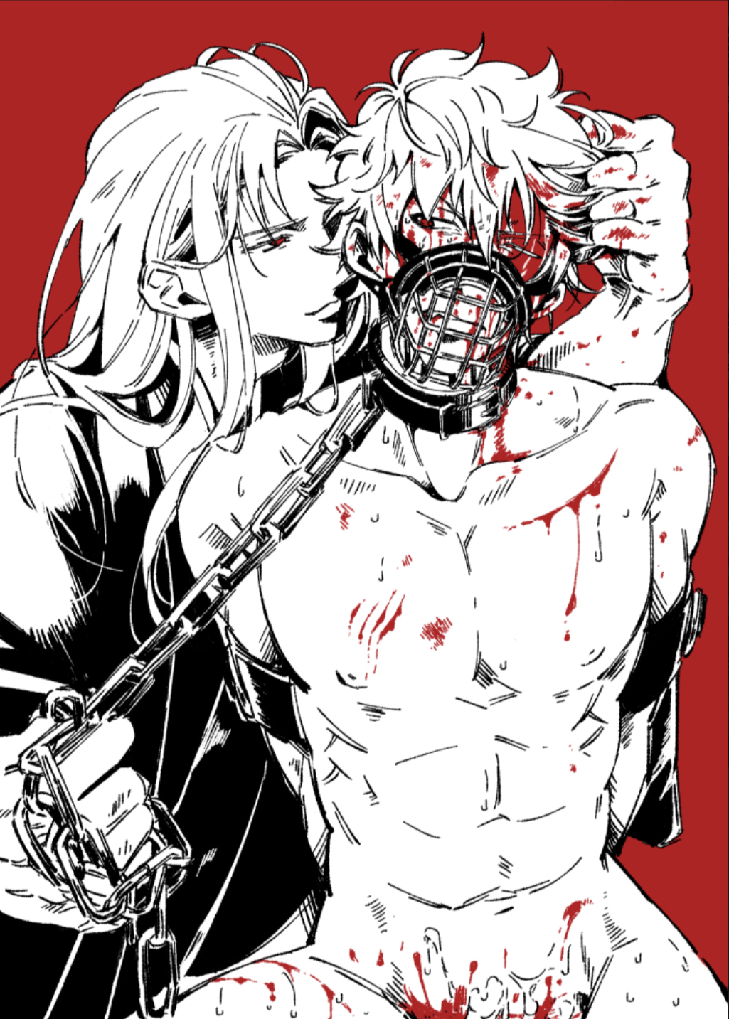 2boys arms_behind_back bleeding blood chain_leash chained chains clothed_male_nude_male collar cum cuts furikkyu108 gay gintama gintoki_sakata hair_grab injured injury long_hair long_hair_male looking_at_another male male_only monochrome muzzle_(object) no_visible_genitalia questionable_consent red_background restrained scratches spot_color sweat toned toned_male utsuro_(gintama) yaoi