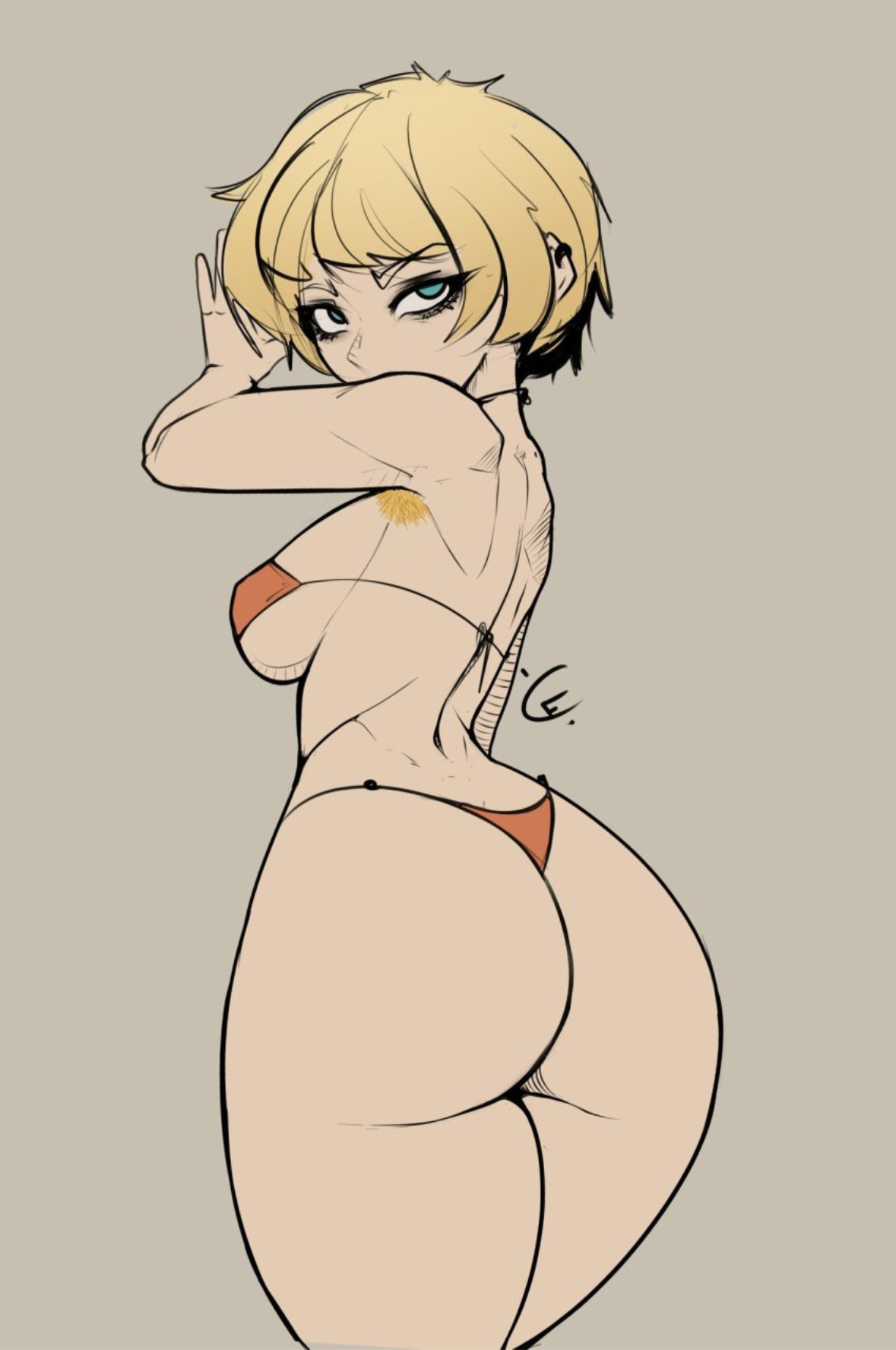 armpit hair, ashley graham, ashley graham (ella freya), ass, ass focus, bikini, blonde hair, blue eyes, cursedequinox, edit, fat ass, female, muscular, muscular back, orange bikini, resident evil, resident evil 4, resident evil 4 remake, string bikini, thick thighs