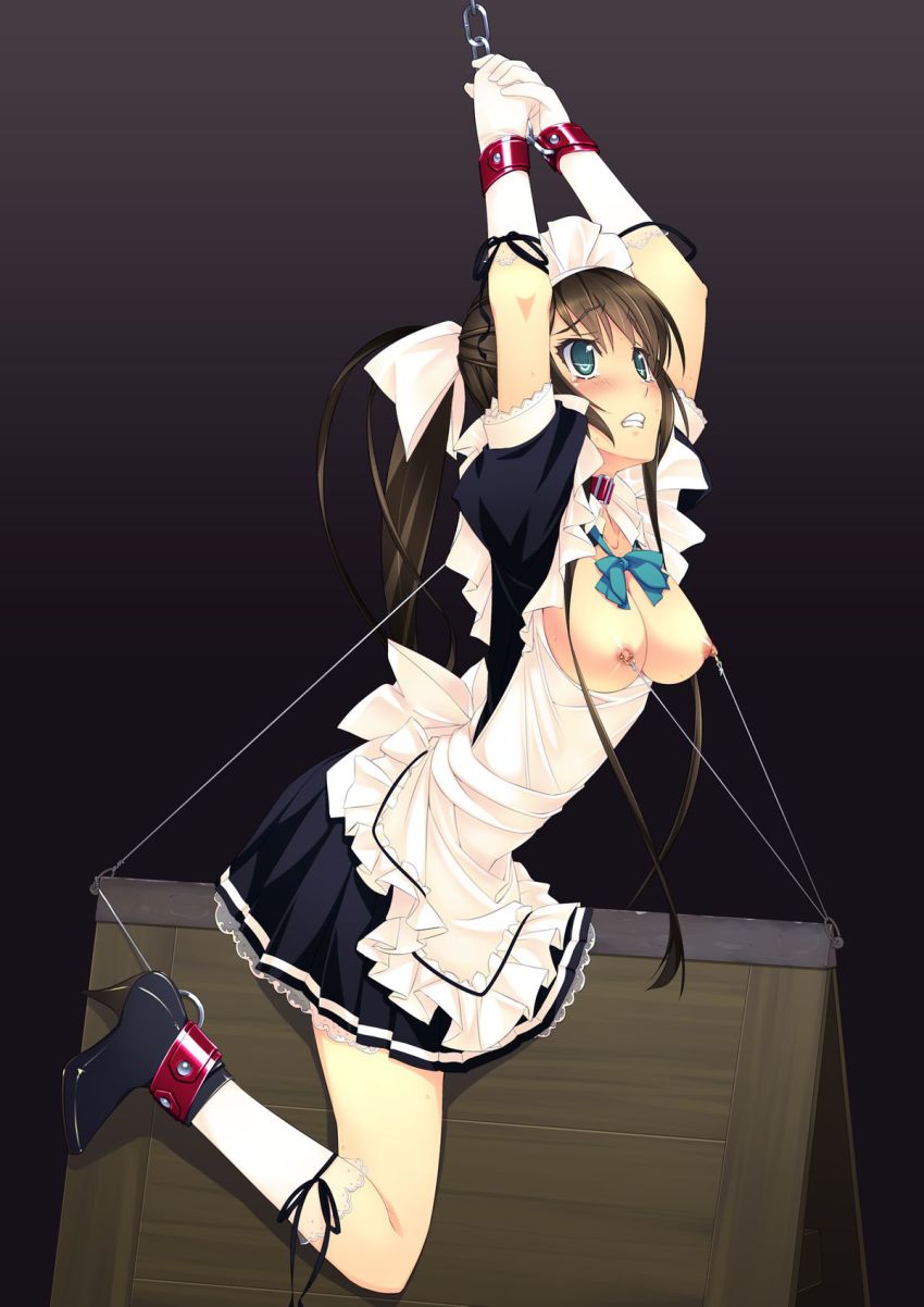 bondage, breasts, breasts out, character request, f-ism, female, femsub, long hair, maid, maid outfit, murakami suigun, nipple leash, nipple piercing, nipple torture, nipples, piercing, ponytail, predicament bondage, ribbon, tears, tied hair, wooden horse