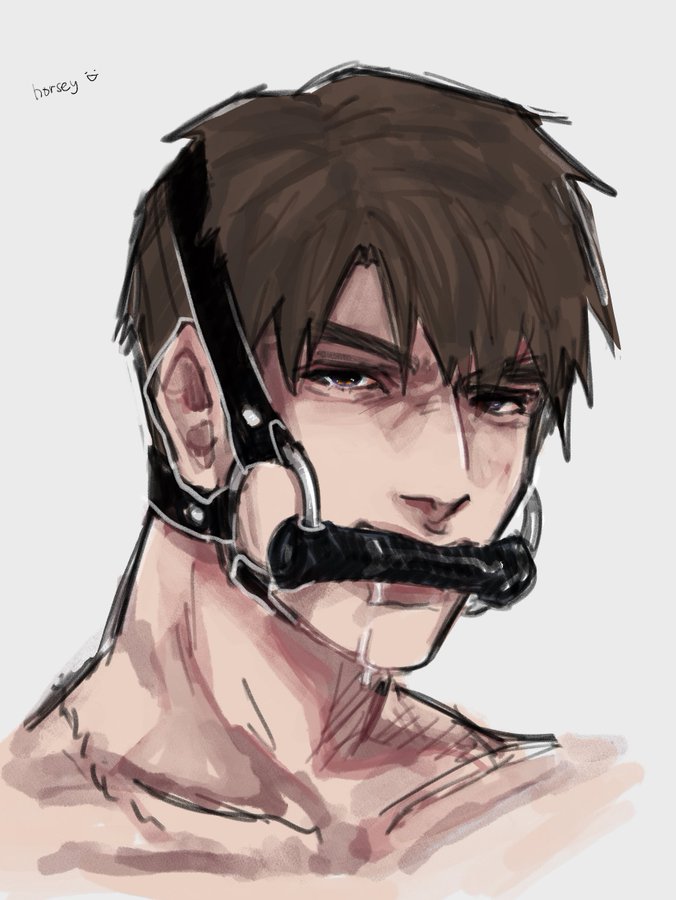 bit gag, brown hair, caleb (love and deep space), drool, drooling, furrowed brow, light skin, love and deep space, male, oupp13s31, submissive male