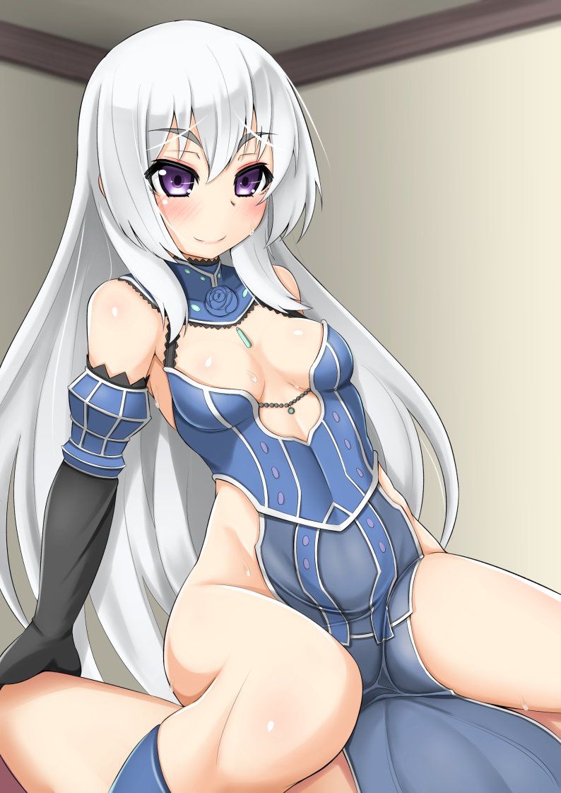 alfort_(may0508) blush cleavage clothed_female_nude_male cowgirl_position detached_sleeves hitsugi_no_chaika implied_sex layla_(hitsugi_no_chaika) long_hair no_panties nude purple_eyes smile sweat under_skirt white_hair