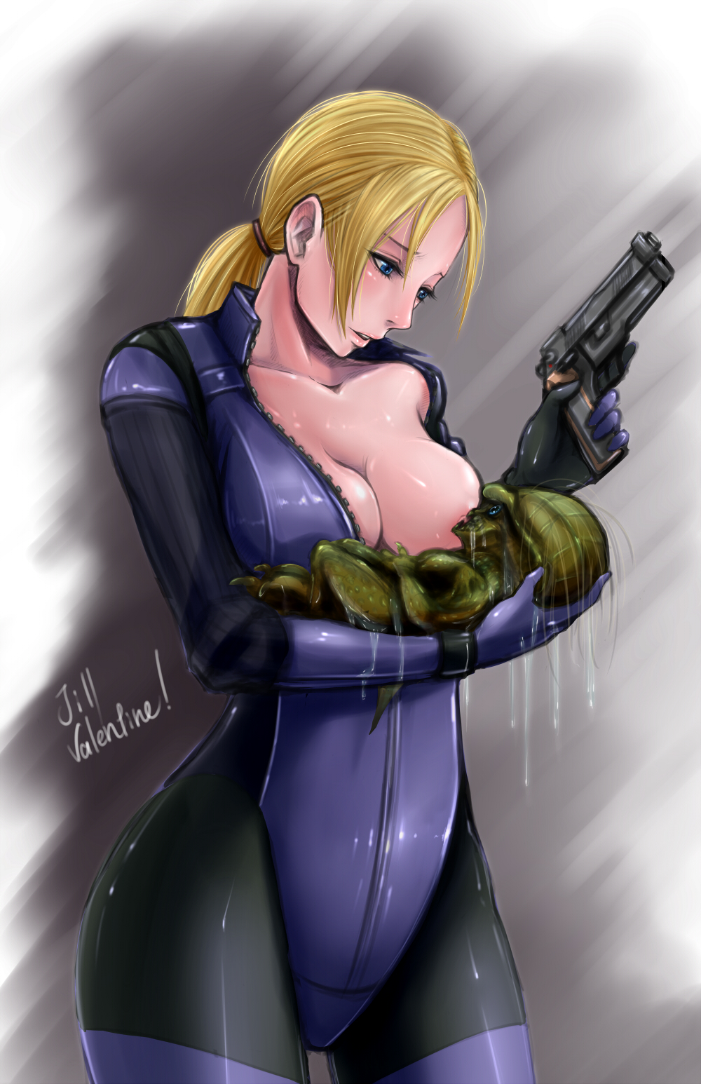 ! blonde_hair blue_eyes bodysuit breast_sucking breastfeeding breasts capcom cleavage collarbone cowboy_shot female firearm gun handgun highres human hunter_(resident_evil) interspecies jill_valentine jill_valentine_(blonde) jill_valentine_(julia_voth) leotard long_hair looking_at_another monster pecolondon ponytail resident_evil resident_evil_5 slime tied_hair unzipped weapon