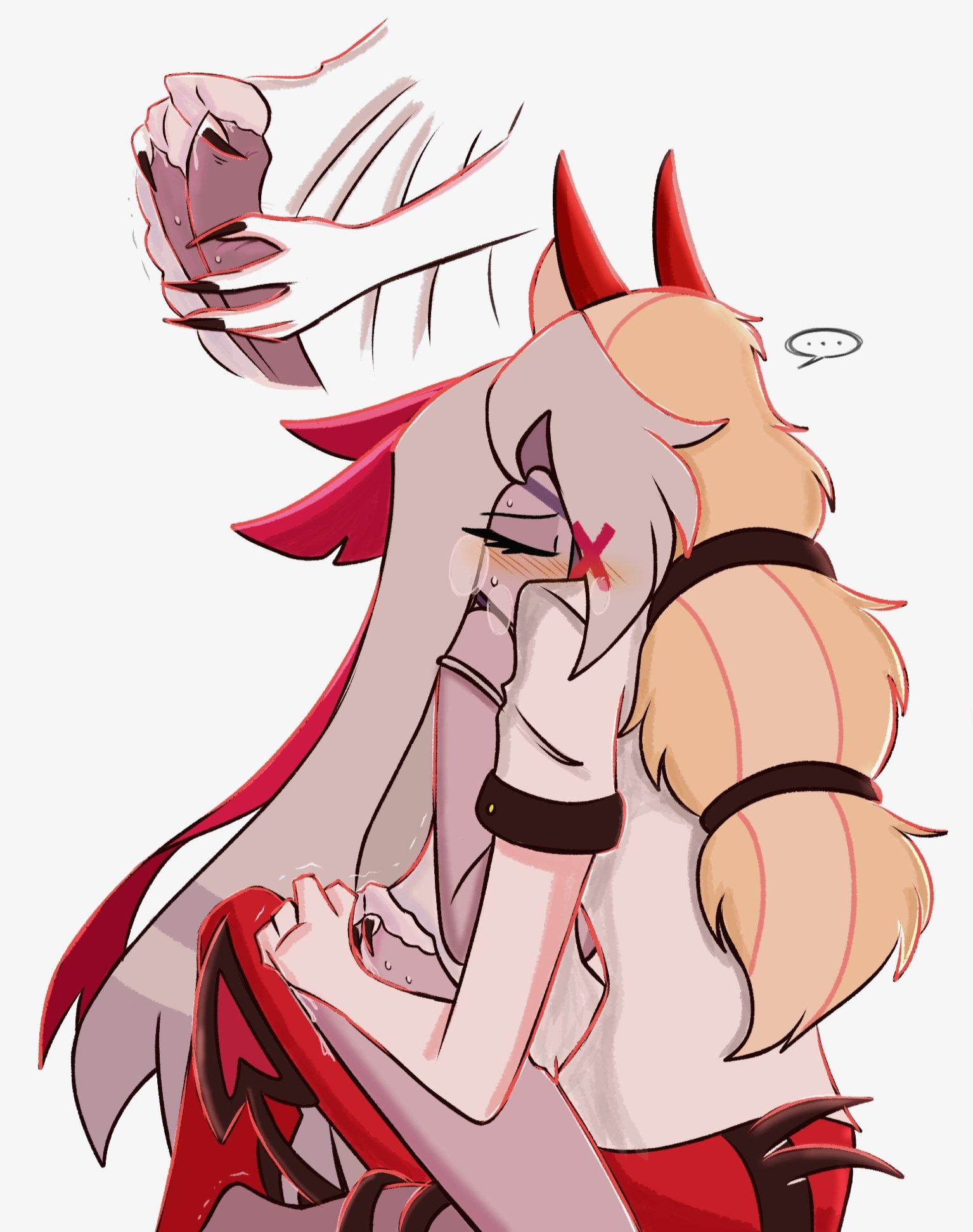 blush, canon couple, charlie morningstar (hazbin hotel), demon, demon girl, demon horns, demon tail, female, fingering, hazbin hotel, jukoi01, nightgown, panties, romantic, simple background, sweat, tail, vaggie (hazbin hotel), white panties, yuri