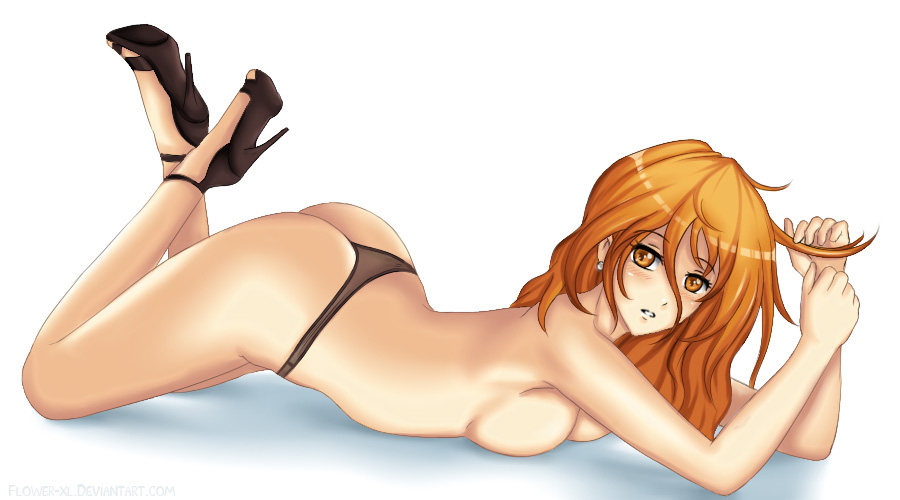 all_fours ass black_panties breast_press breasts earrings female female_only flowerxl high_heels human long_hair looking_away naked_panties nami one_piece open_toe_shoes orange_eyes orange_hair panties post-timeskip simple_background solo topless underwear white_background