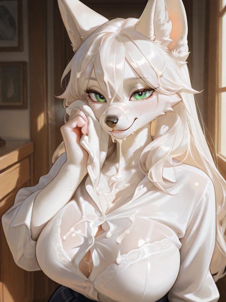 1girls after_fellatio ai_generated anthro black_skirt cum_on_breasts cum_on_clothes cum_on_face cum_on_hair female fluffy_tail fox_ears fox_girl fox_tail furry furry_female green_eyes indoors large_breasts long_hair looking_at_viewer plopendil satisfied_smile seductive_eyes smile tight_shirt visible_bra_through_clothes white_fur white_hair white_shirt wiping_face