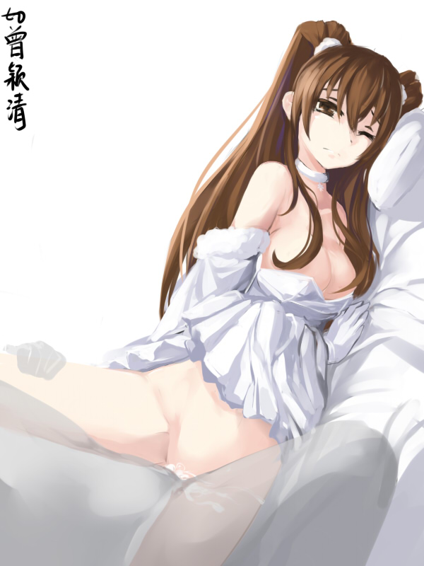 breasts brown_eyes brown_hair cleavage cum cum_in_pussy dress female large_breasts long_hair lu_hao_liang off_shoulder ogiso_setsuna one_eye_closed open_clothes open_vest pov_crotch sex tied_hair twintails vest white_album_(series) white_album_2 white_dress