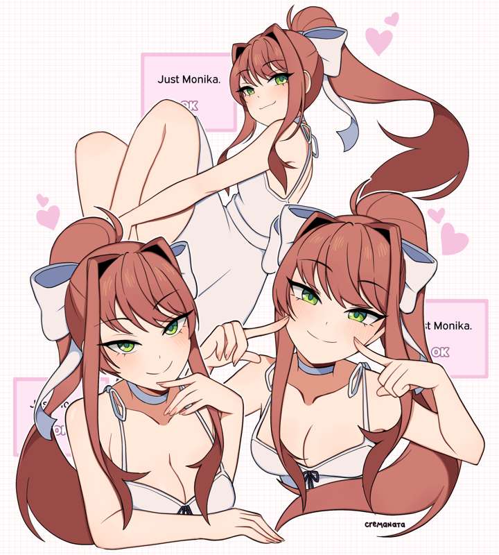 1girls, breasts, cleavage, cremanata, cute, doki doki literature club, dress, female, female only, green eyes, long hair, monika (doki doki literature club), pink hair, tied hair, white background, white dress