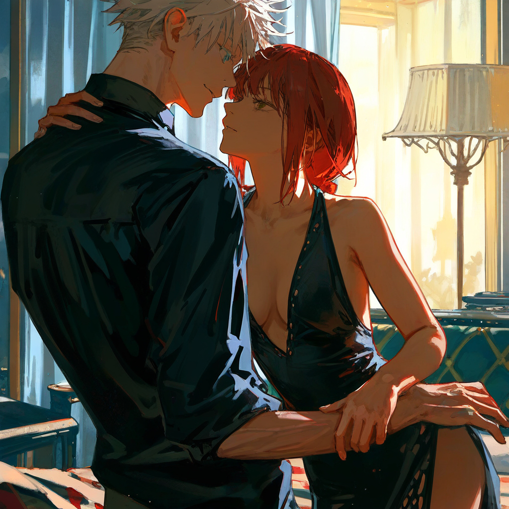 1boy 1girls ai_generated black_dress blue_eyes chainsaw_man cleavage company_connection crossover female gojo_satoru high_slit_dress jujutsu_kaisen makima_(chainsaw_man) male male/female red_hair revealing_clothes satoru_gojo sensual slit_dress straight suggestive taller_male white_hair