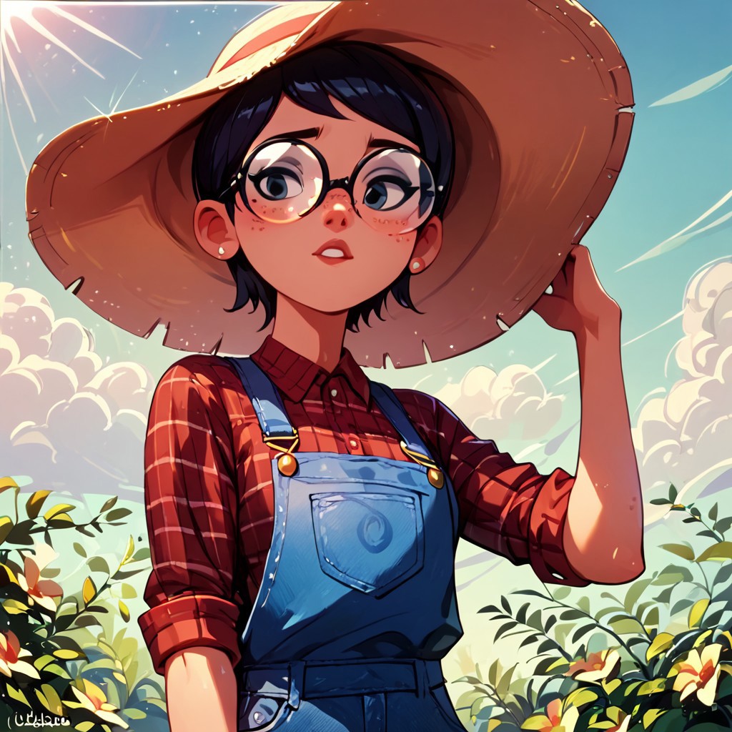 1girls ai_generated carmen_sandiego_(2019) carmen_sandiego_(franchise) farmer farmer_hat female female female_focus glasses hat julia_argent julia_argent_(carmen_sandiego) outdoors outside overalls short_hair solo solo_female solo_focus zupern0va_(manipper)