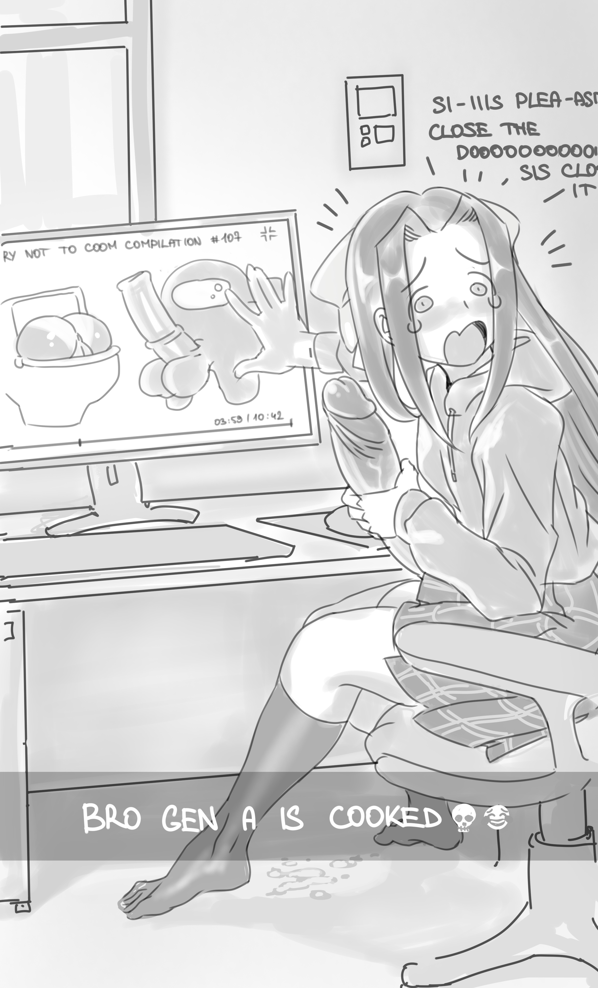 1futa, 2d, absurd res, among us, animal penis, balls, brainrot, caught, caught in the act, caught masturbating, clothed, clothing, cock, degeneracy, desktop, dialogue, dick, embarrassed, english text, erect penis, erection, exposed penis, futa only, futanari, gooner, gooning, greyscale, hi res, horsecock, huge cock, human, hyper penis, indoors, intersex, long hair, masturbation, meme, monochrome, no color, oc, original character, panzermeido, penis, penis out, secunduspublius, sitting, solo, solo futa, tagme, text, zoomer futa (panzermeido)