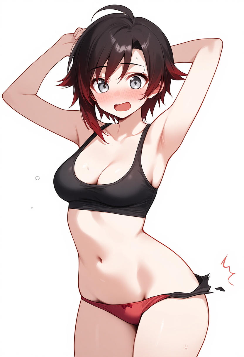 ai_generated blushing bra cute exposed_torso female_only ripped_panties ruby_rose rwby silver_eyes solo_female