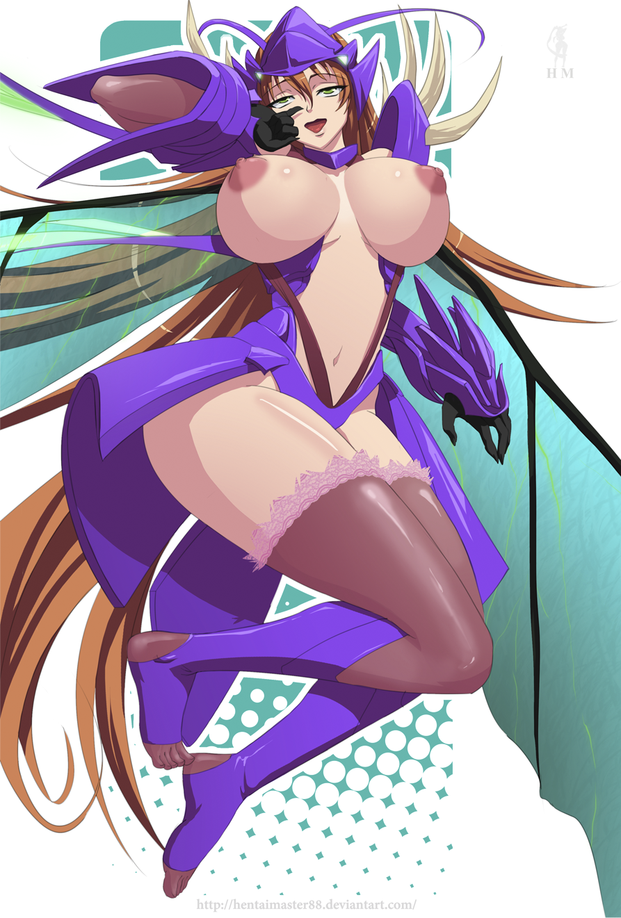 armor breasts breasts_out brown_hair female fur_trim green_eyes hentaimaster88 hood humanized insect_wings kha'zix large_breasts league_of_legends long_hair navel nipples open_mouth rule_63 solo suspenders thighhighs tongue very_long_hair wings