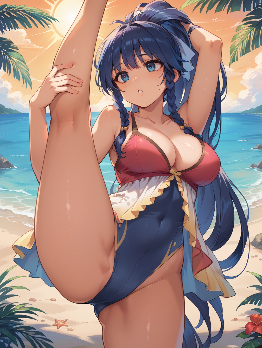 beach bubble_butt busty dark_blue_hair fat_ass frills huge_breasts leg_lift ocean one-piece_swimsuit perfect_body sexy tana_(fire_emblem) tana_(summer)_(fire_emblem) thick_thighs