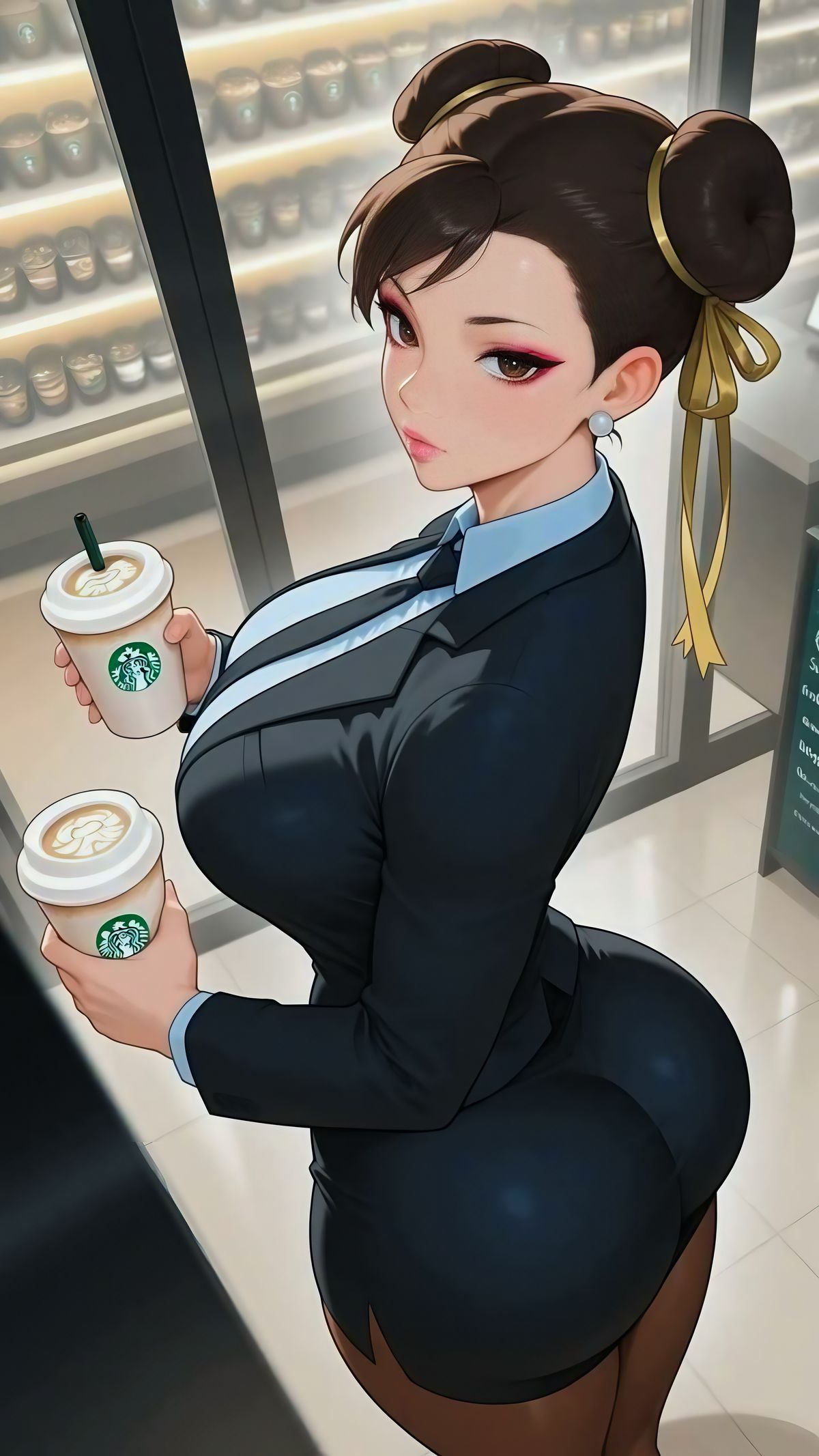 ai generated, ass, big ass, big breasts, breasts, capcom, chun-li, female, female only, mature female, milf, office lady, starbucks, street fighter, thick thighs, thunder thighs, wide hips