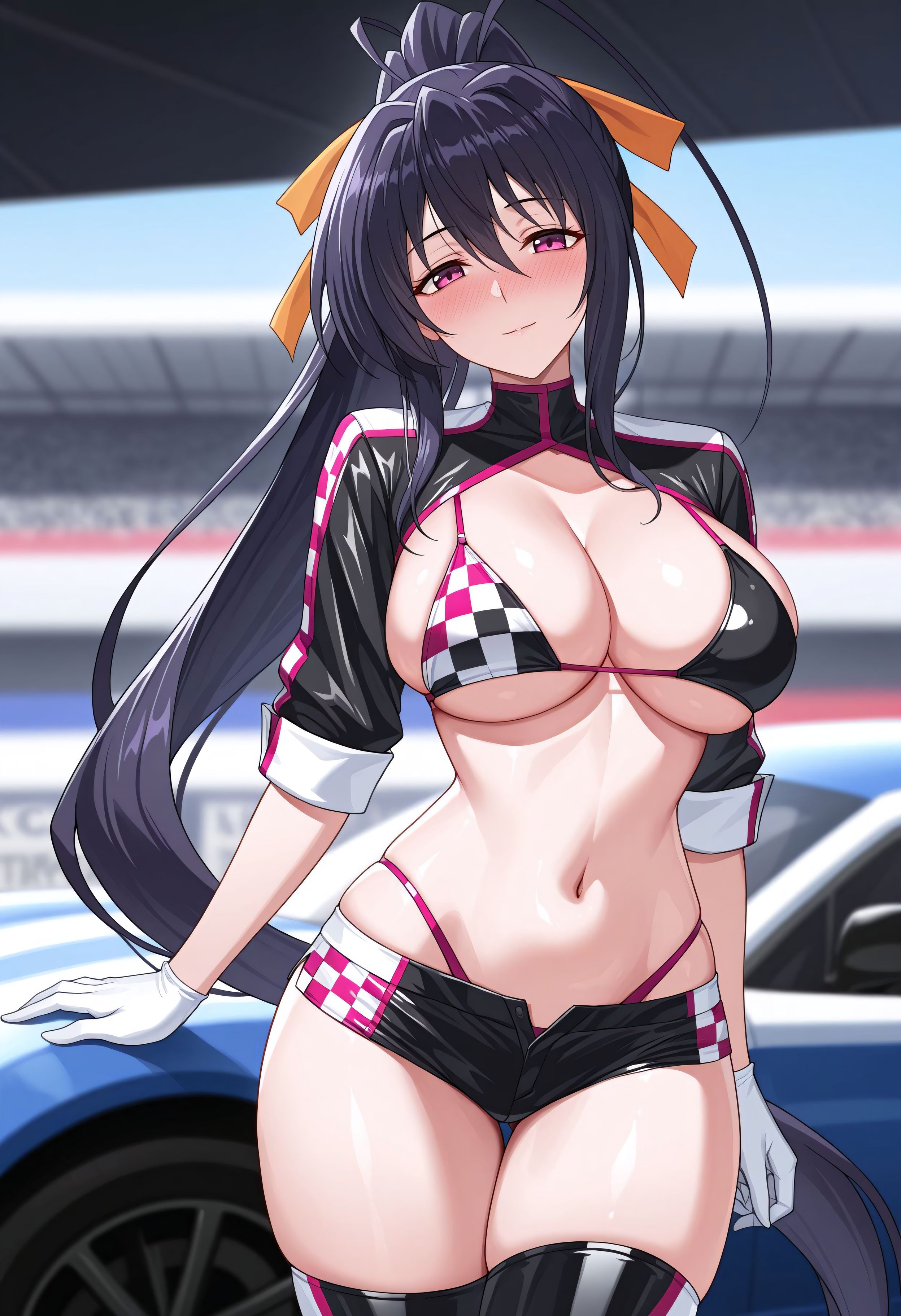 1girls, ai generated, ass visible through thighs, bikini, bikini under clothes, black bikini, black hair, black shorts, black thighhighs, blurry background, blush, breasts, car, cleavage, closed mouth, cowboy shot, female, female only, gloves, hair between eyes, hair ribbon, head tilt, high ponytail, high school dxd, highleg, highleg bikini, himejima akeno, large breasts, long hair, looking at viewer, micro shorts, motor vehicle, navel, orange ribbon, ponytail, purple eyes, race queen, ribbon, shadowrealmarts, short shorts, shorts, shrug (clothing), sideboob, sidelocks, skindentation, smile, solo, stomach, swimsuit, thigh gap, thighhighs, thighs, two-tone bikini, uncensored, underboob, very long hair, white gloves