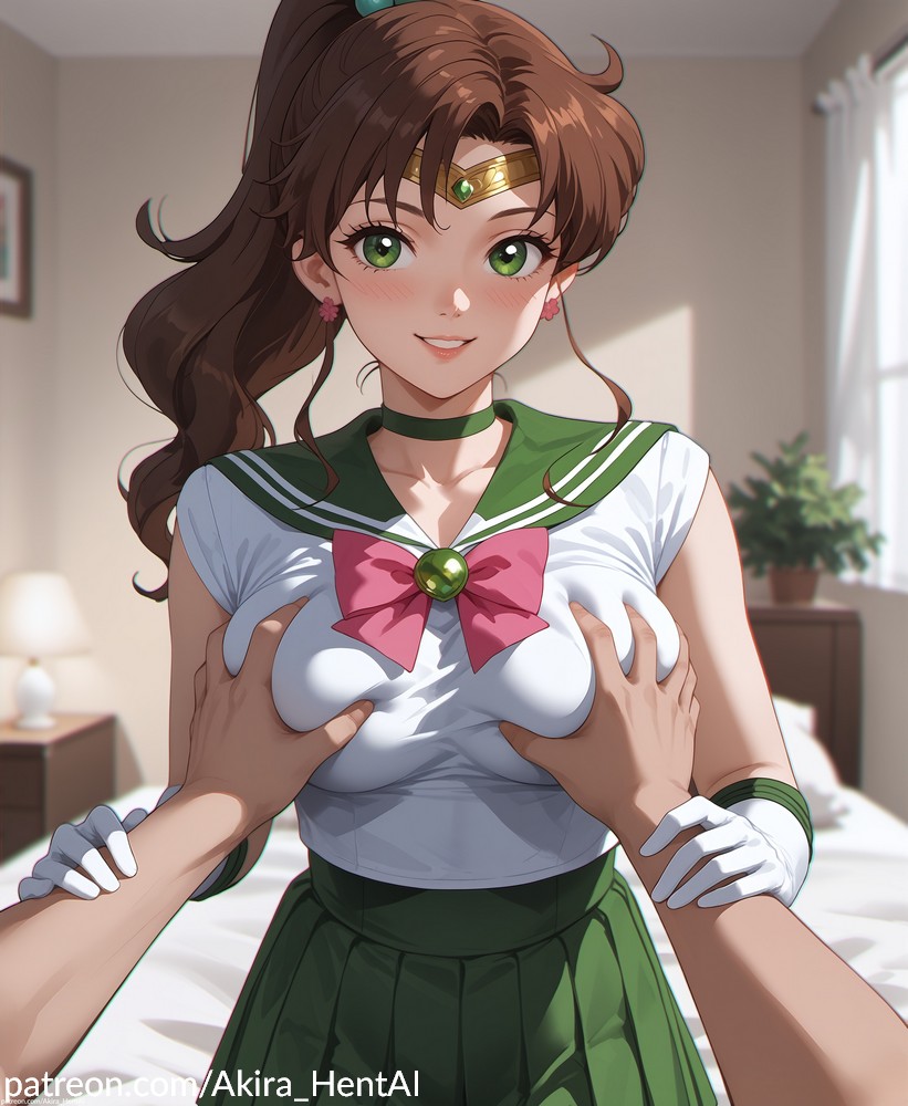 ai_assisted ai_generated akira_hentai bowtie breast_grab breasts brown green guided_breast_grab hair inviting inviting_to_oral looking_at_viewer paizuri patreon_link patreon_reward patreon_username pink sailor_jupiter shushing