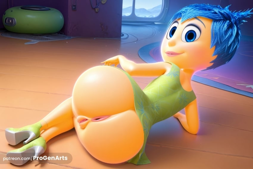 1girls ai_generated anus ass blue_eyes blue_hair clothes_lift disney dress dress_lift from_behind green_dress hi_res inside_out inside_out_2 joy_(inside_out) looking_back lying no_panties on_side pixar progenarts pussy short_dress short_hair smile solo uncensored watermark web_address window