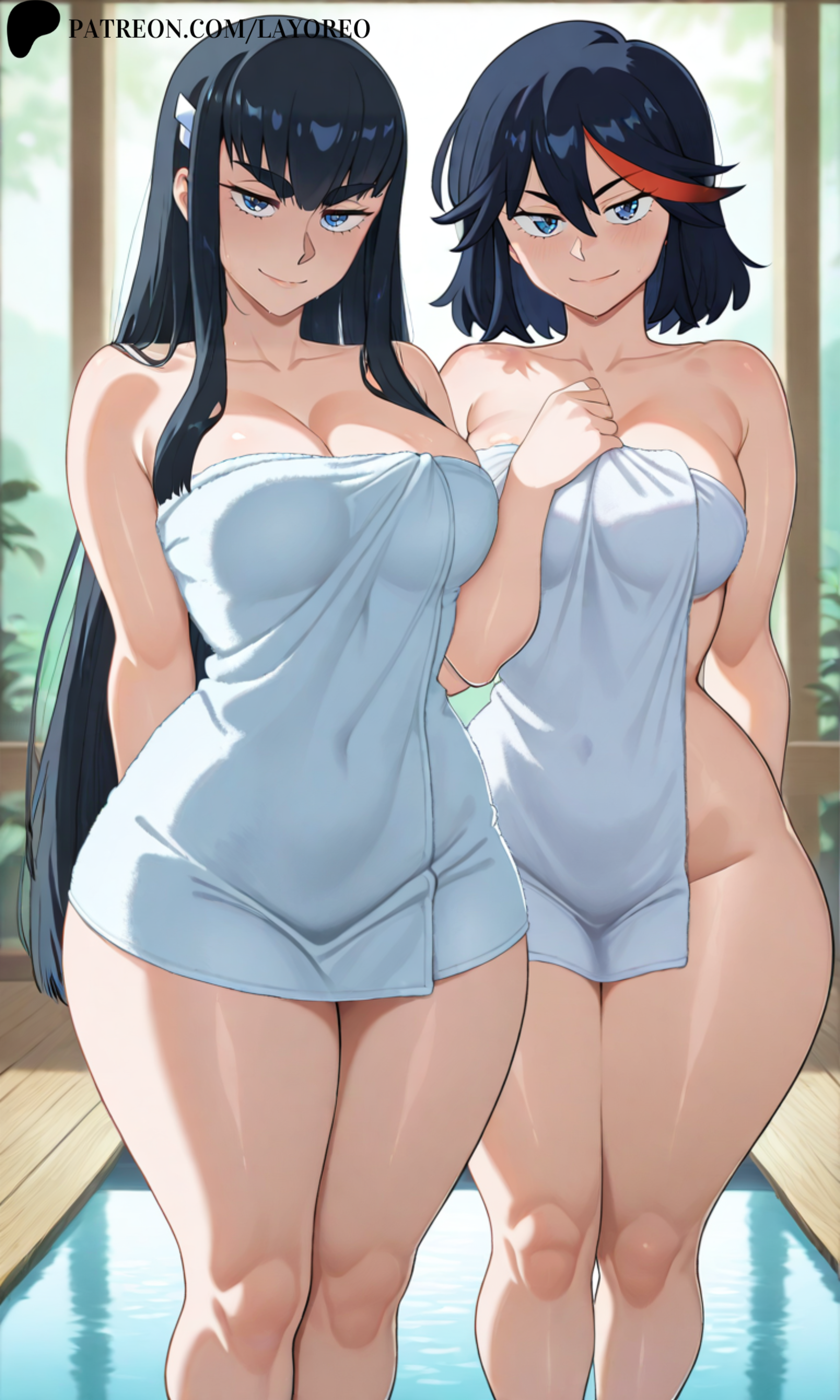 2girls, ai generated, bath, bathing, black hair, blue eyes, breasts, cleavage, female, female only, holding towel, kill la kill, kiryuuin satsuki, large breasts, lay-oreo, long hair, matoi ryuuko, multicolored hair, multiple females, multiple girls, naked towel, red streak, seductive look, short hair, tagme, thick thighs, thin waist, towel, water