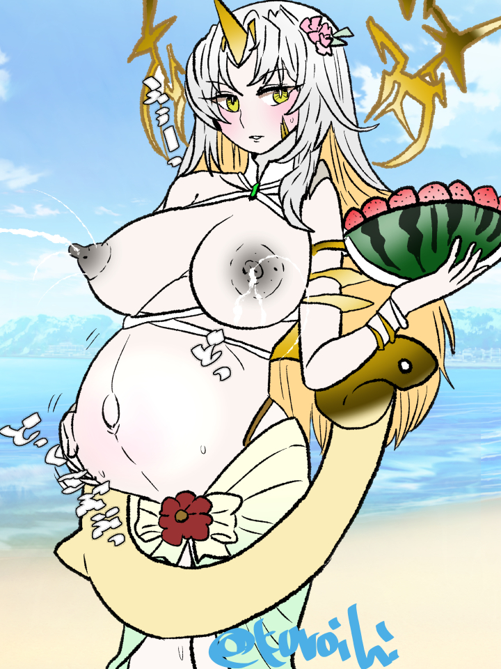 1girls belly big_belly breasts female fire_emblem_heroes gullveig_(fire_emblem) gullveig_(summer)_(fire_emblem) horn lactation nipples pbsheep18ovbt pregnant solo white_hair