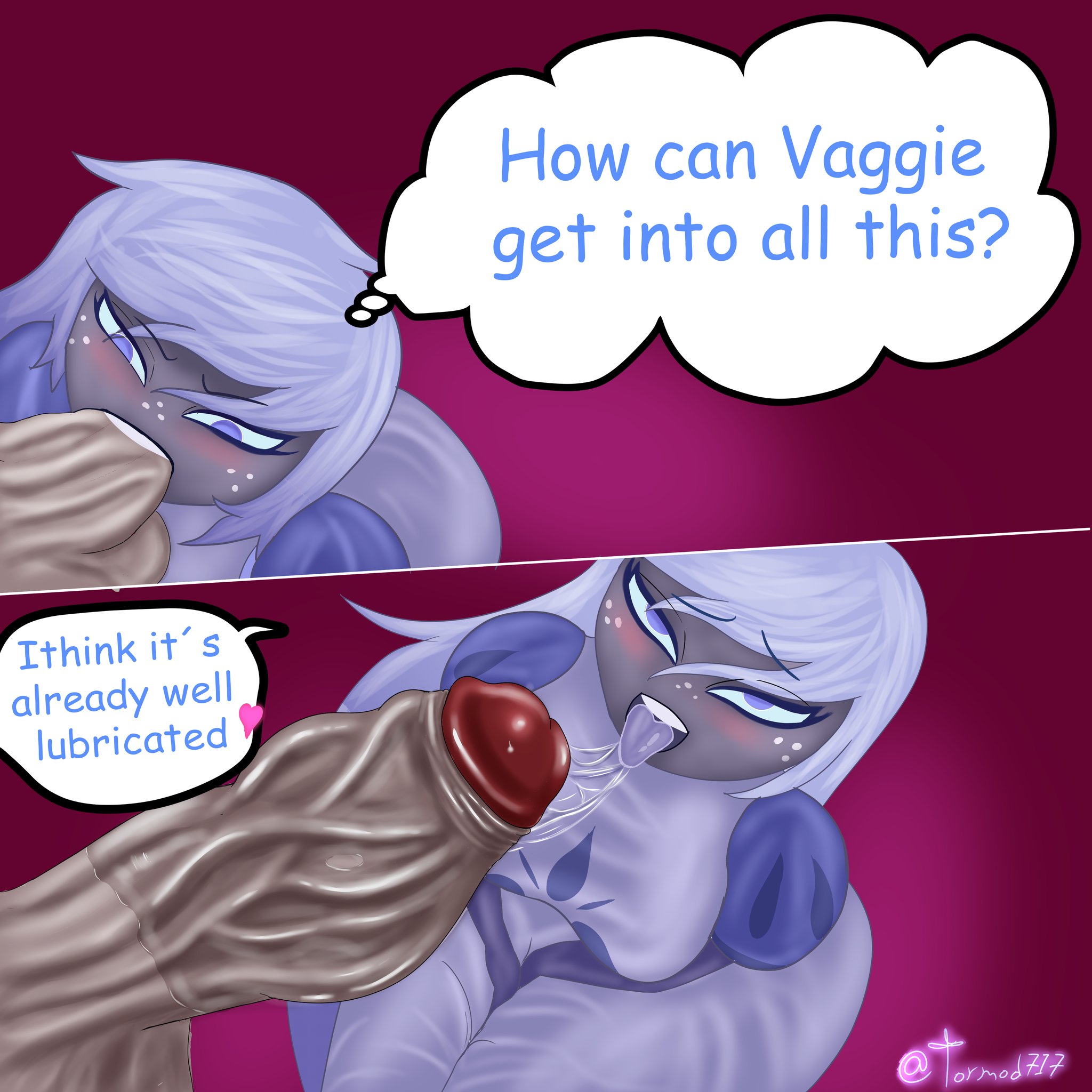 1futa, 1girls, angel, angel girl, big penis, blowjob, blue eyes, blue hair, blush, breasts, charlie morningstar (hazbin hotel), cheating, color, dark skin, dark-skinned female, emily (hazbin hotel), english text, fellatio, female, futa on female, futanari, hand on penis, hazbin hotel, hi res, intersex, licking, licking penis, light skin, light-skinned female, long hair, looking at viewer, oral, oral sex, penis, sucking, sucking penis, tagme, text, text bubble, thick thighs, tormod717, vivienne medrano