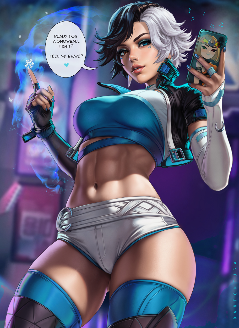 1girls 2025 abs ass ass_visible_through_thighs big_ass big_breasts black_and_white_hair crossover dandon_fuga deviantart_link english_text female female_only fingerless_gloves hades_(game) hades_2 heterochromia holding_phone legwear light-skinned_female looking_at_viewer luna_snow luna_snow_(marvel_rivals) marvel marvel_rivals melinoe_(hades) midriff minishorts multicolored_clothing phone selfie short_hair shorts skindentation solo speech_bubble talking_to_viewer thick_thighs thighhighs twitter_link two_tone_hair white_and_black_hair white_shorts