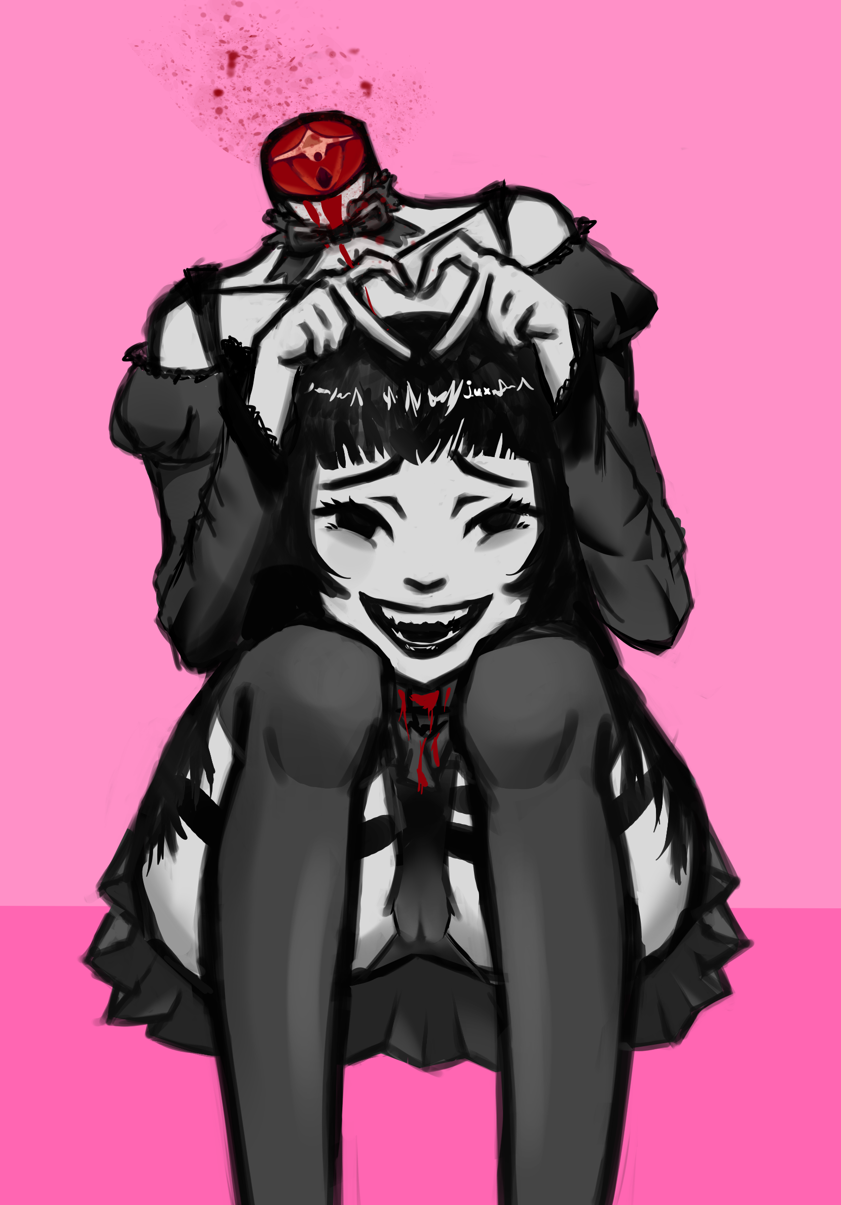 1girls, ass, black dress, black eyes, black hair, black panties, black skirt, blood, clothed, death, decapitation, female, female death, gore, gothic, guro, headless, heart symbol, holding head, huge ass, juxtapose11, panties, pussy, showing teeth, sitting, skirt, smiling, smiling at viewer, snuff, solo, teeth, thigh strap, upskirt