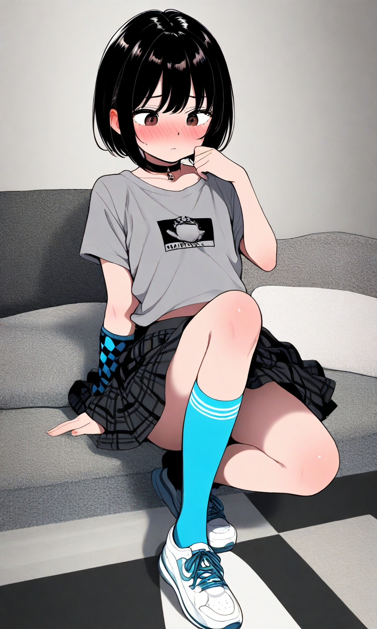 ai_generated black_hair black_skirt blush boots brown_eyes choker dick femboy gloves medium_penis penis shoes skirt staspivo