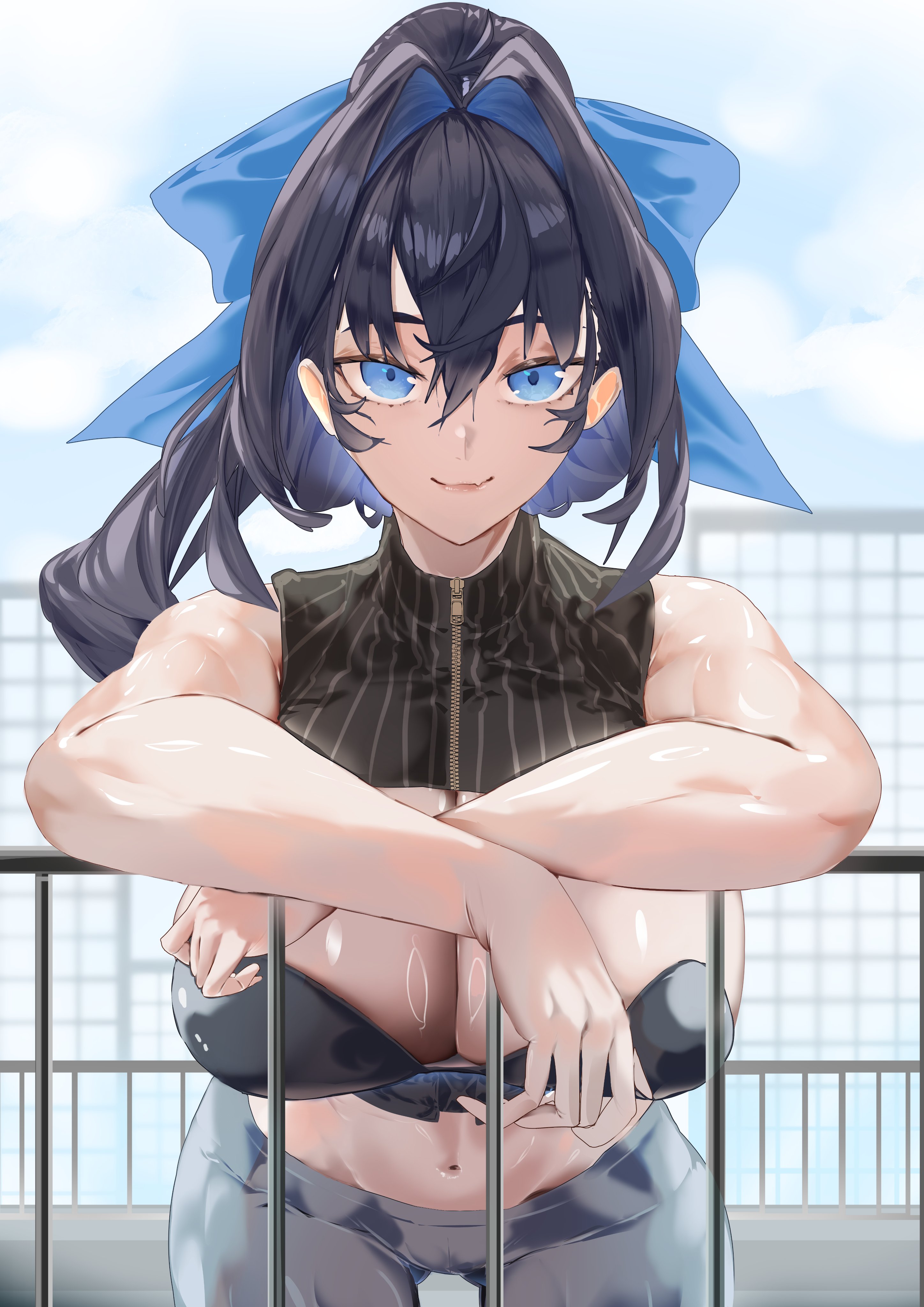 absurdres, adapted costume, against railing, black hair, blue eyes, blue hair, blue ribbon, breasts, cleavage, closed mouth, cloud, cloudy sky, daaku (koizumi arata), day, female, gradient hair, grey pants, hair intakes, hair ribbon, hashtag-only commentary, highres, hololive, hololive english, hololive english -council-, hololive english -promise-, huge breasts, koizumi arata, multicolored hair, navel, ouro kronii, ouro kronii (1st costume), outdoors, pants, railing, ribbon, sky, smile, solo, virtual youtuber