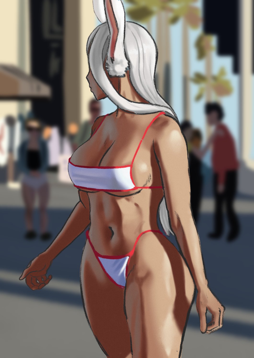 1girls, animal ears, big breasts, bikini, bra, breasts, bunny ears, bunny girl, dark-skinned female, desenhistadehen, female, long hair, looking away, mirko, miruko, my hero academia, solo focus, string bikini, thong, white hair