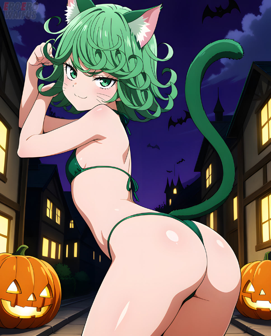 1girls, ai generated, bare thighs, big ass, big butt, bikini, breasts, cat ears, cat tail, curvaceous, curvy female, eroero waifus, fat ass, female, female only, green eyes, green hair, halloween, huge thighs, light skin, light-skinned female, looking at viewer, one-punch man, short hair, small breasts, smiling, solo, solo female, squatting, sweat, sweatdrop, tatsumaki, thick thighs, thighs, voluptuous, voluptuous female