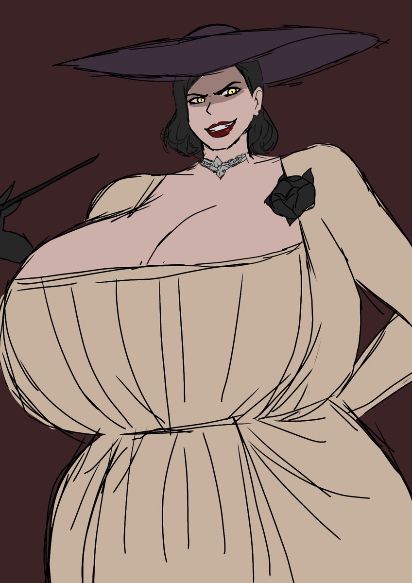1girls, 2d, 2d (artwork), alcina dimitrescu, alternate body type, alternate breast size, big breasts, black hair, black hair female, black rose, breasts, breasts bigger than head, busty, busty female, busty girl, curvy, curvy body, curvy female, curvy figure, digital drawing (artwork), digital media (artwork), female, female focus, female only, garbo hat, hat, huge breasts, large breasts, lips, mature, mature woman, momiji (artist), red lips, resident evil, resident evil 8: village, rose, simple background, solo, solo female, solo focus, taller female, upper body, white background, yellow eyes, yellow eyes female