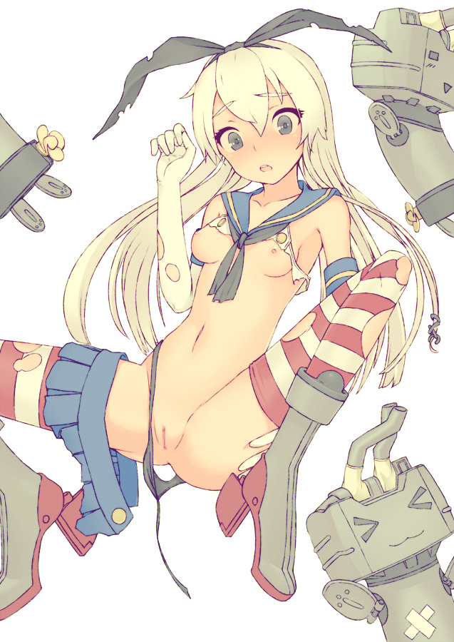 black_panties blonde_hair blue_eyes censored elbow_gloves female gloves hairband kantai_collection navel panties pussy rensouhou-chan sentou shimakaze_(kantai_collection) skirt skirt_around_one_leg small_breasts solo spread_legs striped striped_legwear thighhighs torn_clothes torn_legwear underwear white_background white_gloves