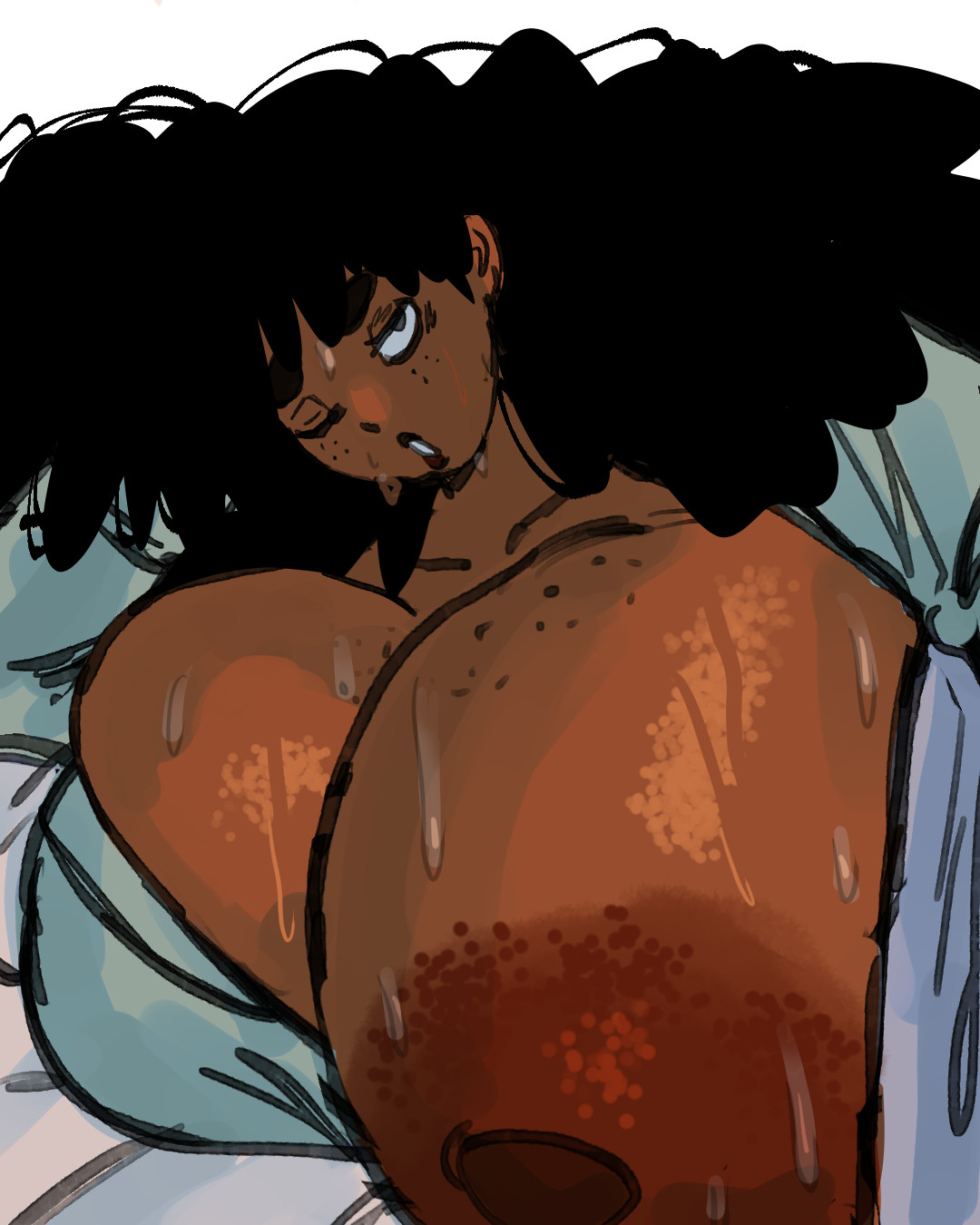 breasts, dark skin, dark-skinned female, female, freckles on breasts, huge breasts, one breast out, original character, sweaty breasts, tentecreul, waking up, winona (hentae)