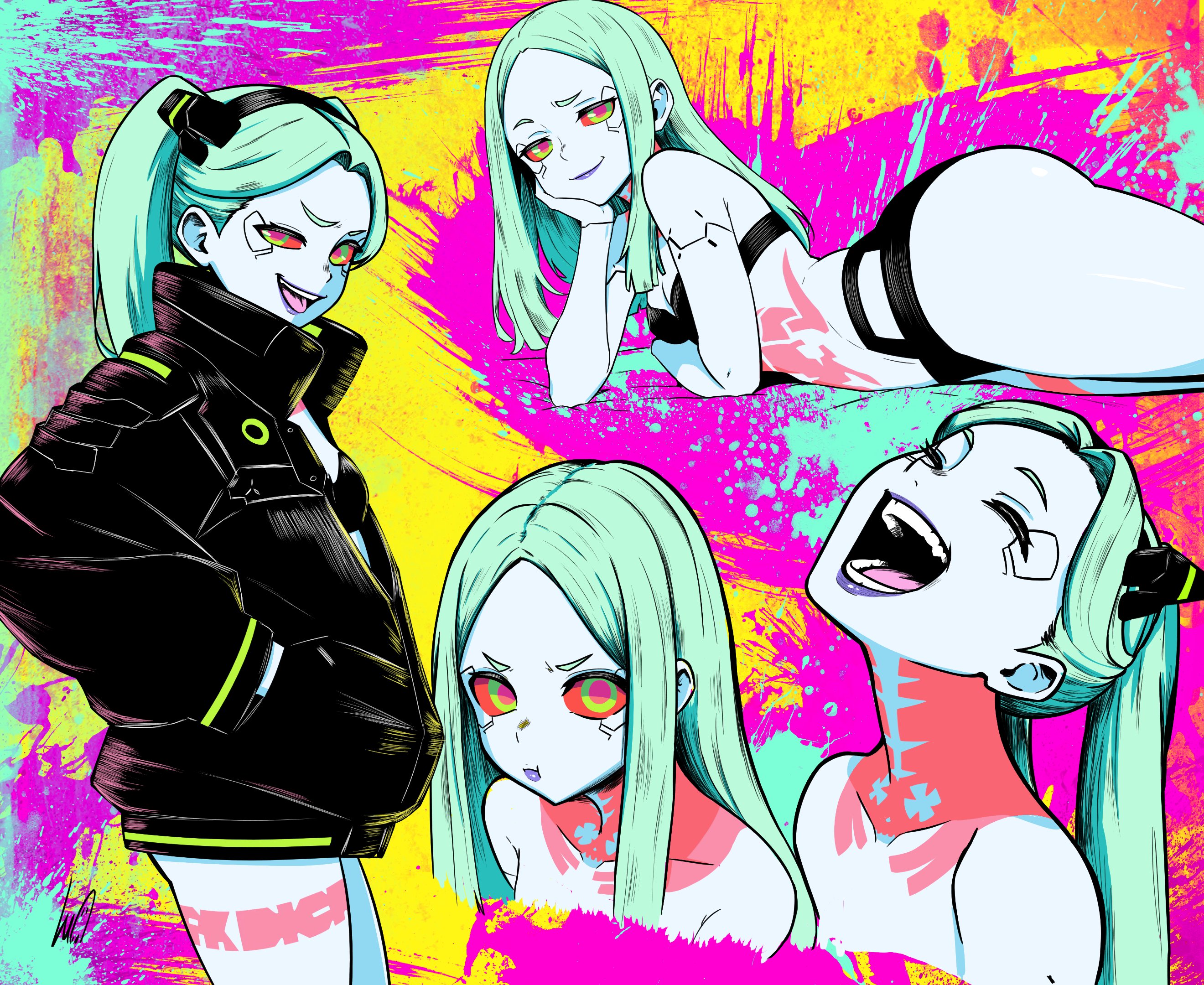 :t, artificial eye, ass, black bra, black jacket, black panties, bra, breasts, casual, closed eyes, closed mouth, clothing, colored sclera, colored skin, colorful background, commentary, cowboy shot, cropped torso, cyberpunk (series), cyberpunk: edgerunners, elbow rest, english commentary, female, from side, green hair, hair down, hand in pocket, hand on own cheek, hand on own face, head rest, highres, huge ass, human, jacket, laughing, leg tattoo, lipstick, long hair, looking at viewer, lughost, lying, makeup, multiple views, neck tattoo, nonsexual, nonsexual nudity, on stomach, open mouth, outerwear, pale skin, panties, parted hair, pink tattoo, pout, purple lips, raised eyebrow, rebecca (cyberpunk), rebecca (edgerunners), red pupils, red sclera, samurai jacket (cyberpunk), short eyebrows, small breasts, smile, standing, stomach tattoo, tattoo, thick thighs, thighs, tongue, tongue out, twintails, underwear, underwear only, uneven eyes, white skin