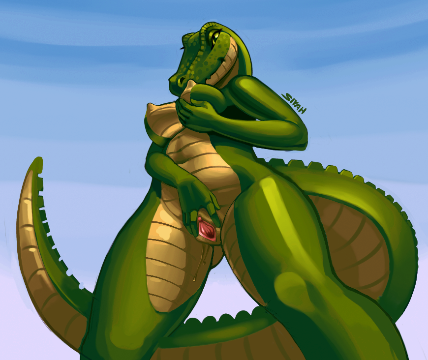 alligator breast_grab breasts female outside pussy reptile scales scalie shiny siyah sky solo spread_pussy spreading standing thick_tail thick_thighs two_tone_skin