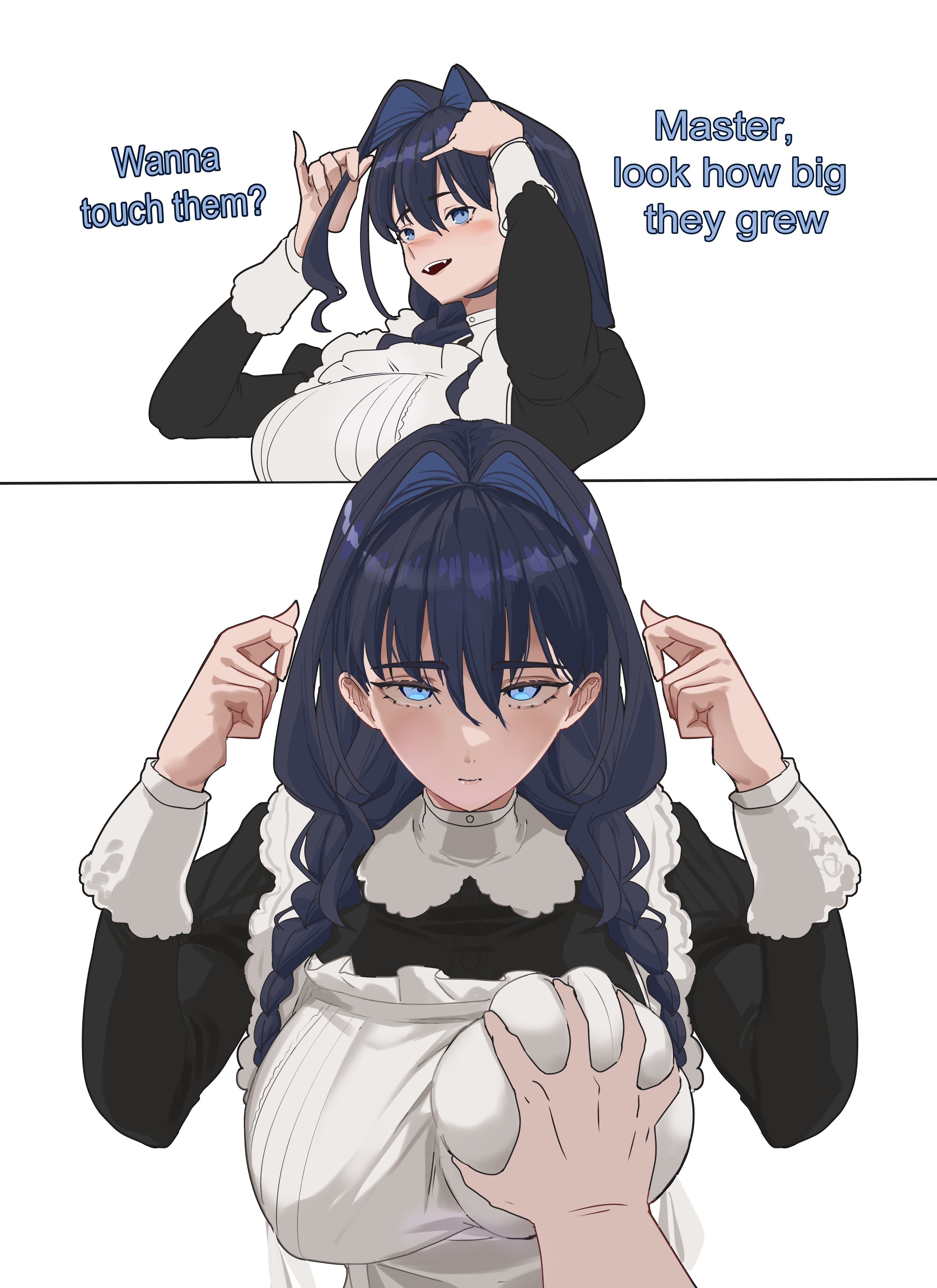 1boy, absurdres, angry, apron, blue eyes, blue hair, braid, breasts, completely unamused, daaku (koizumi arata), female, glaring, grabbing another's breast, groping, hair intakes, highres, hololive, hololive english, hololive english -council-, hololive english -promise-, koizumi arata, large breasts, long hair, looking at viewer, male, official alternate costume, official alternate hairstyle, ouro kronii, ouro kronii (maid), pervert, pov, solo focus, straight, twin braids, unamused, virtual youtuber, white apron