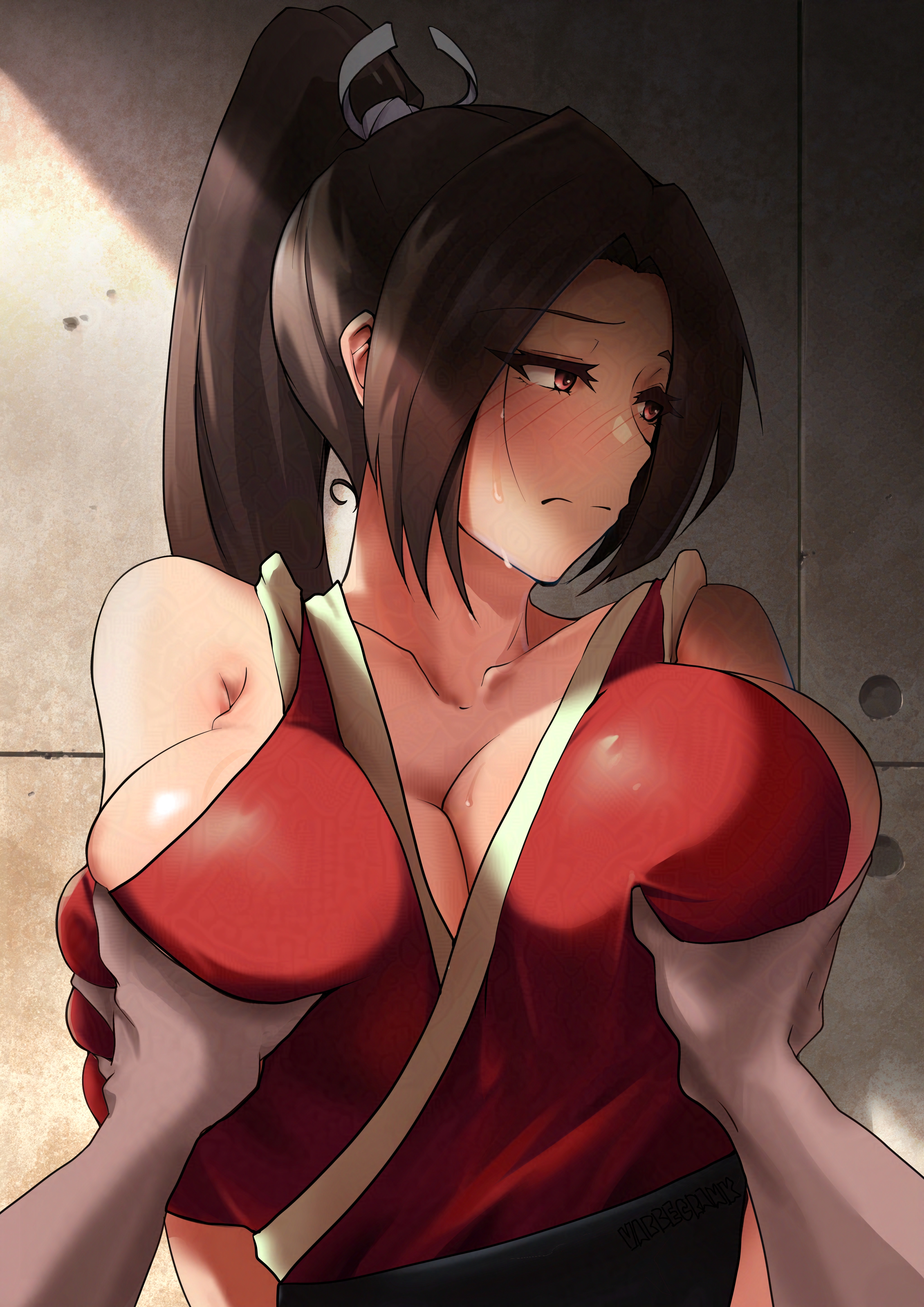1boy, 1girls, 2d, big breasts, breast grab, breasts, brown eyes, brown hair, busty, dark skin, dark-skinned male, double breast grab, embarrassed, fatal fury, female, fondling, fondling breast, grabbing, king of fighters, large breasts, light skin, light-skinned female, long hair, mai shiranui, male, male pov, ponytail, pov, snk, tagme, varbecrank