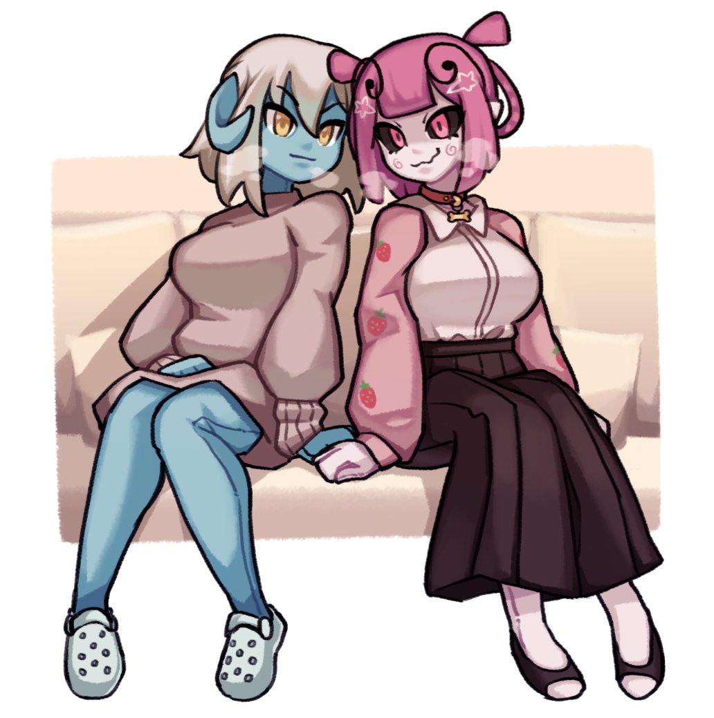 2girls, animegao, black sclera, blue skin, breath cloud, crocs, dog collar, dollification, female, fruit print, hand holding, horned female, horns, jeans, kigurumi, kurt robinson, long dress, mask, pink eyes, pink hair, pink skin, suit transformation, suiting, sweater, transformation, yuri