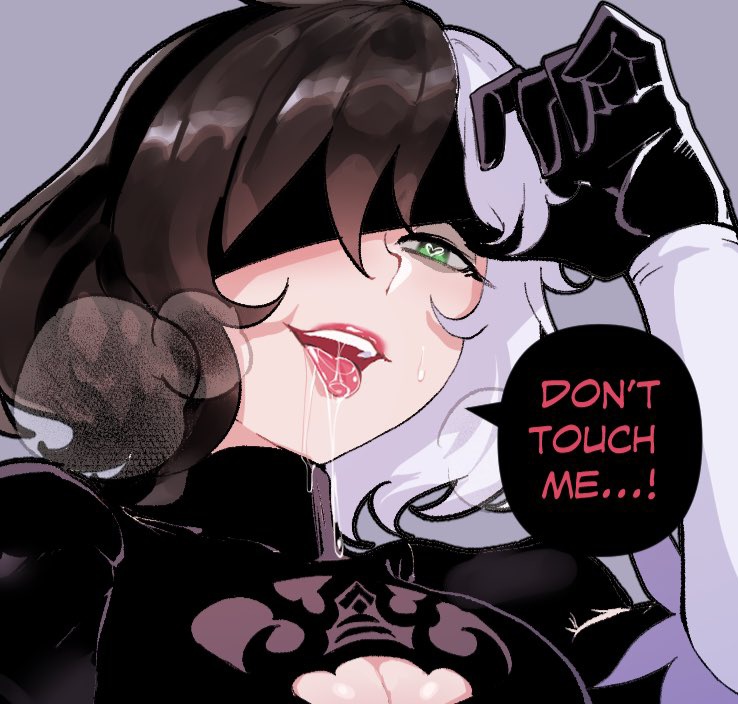 black blindfold, blindfold, breasts, drooling, english text, flirting, green eyes, heart-shaped pupils, nier: automata, open mouth, saliva, sexy, speech bubble, thiccwithaq, tongue out, two-tone hair, yorha 2b (cosplay), yorra villeneuve