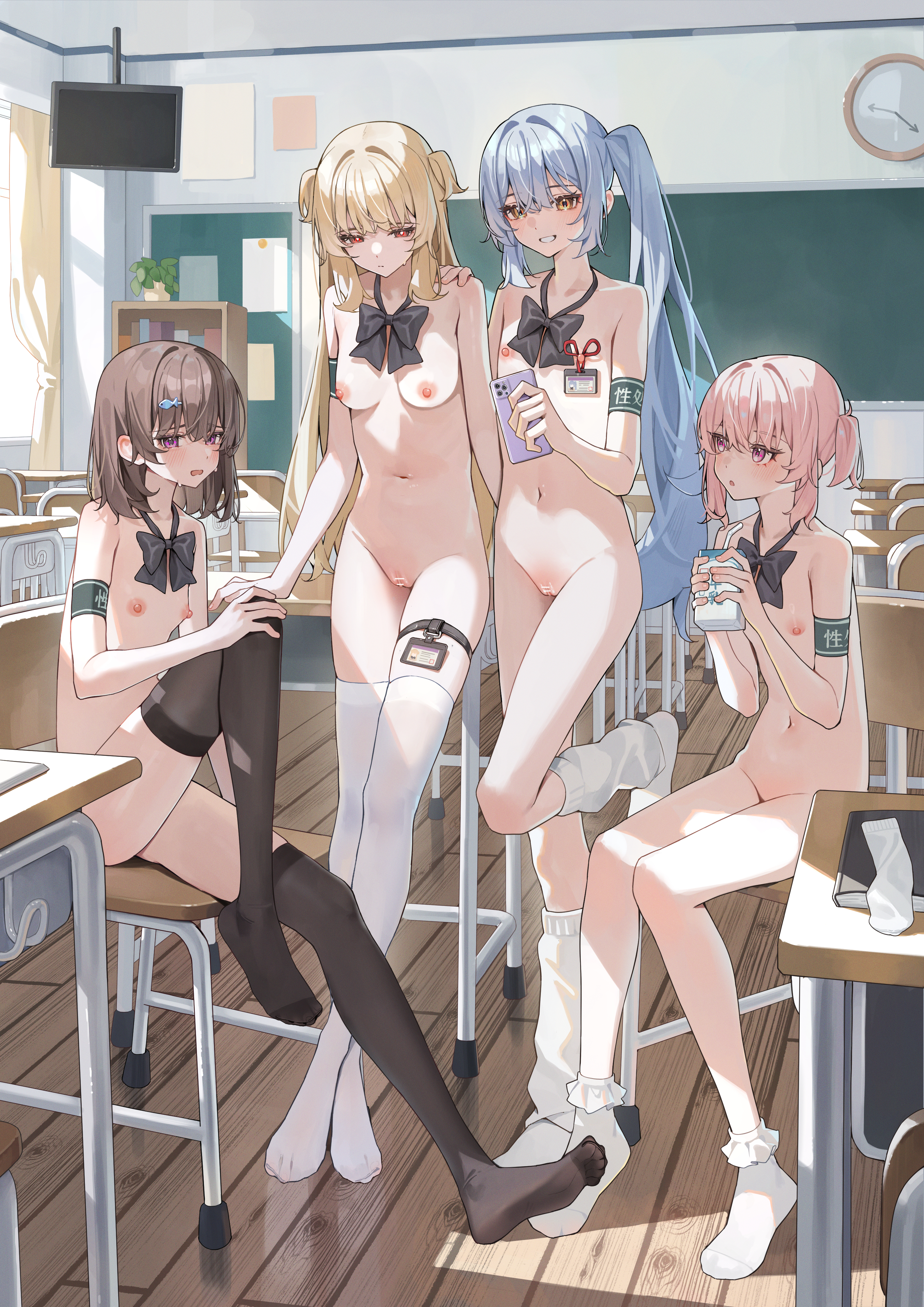 :o, 4girls, absurdres, analog clock, armband, bar censor, black bow, black bowtie, black thighhighs, blonde hair, blue hair, blush, bow, bowtie, breasts, bright pupils, brown hair, cellphone, censored, center-flap bangs, chair, chalkboard, classroom, clock, closed mouth, commentary request, day, desk, double-parted bangs, feet, female, fish hair ornament, flat chest, frilled socks, frills, hair between eyes, hair ornament, hand on another's shoulder, hand on own knee, hands up, highres, holding, holding juice box, holding phone, id card, indoors, juice box, knee up, kneehighs, long bangs, long hair, looking at viewer, loose socks, medium hair, multiple females, multiple girls, naked bowtie, naked footwear, naked school attendance, naked socks, navel, nipples, no shoes, nude, on chair, open mouth, original, paid reward available, petite, phone, pink eyes, pink hair, public, public indecency, public nudity, purple eyes, pussy, raised inner eyebrows, red eyes, revision, school chair, school desk, shadow, short hair, side ponytail, sitting, small breasts, smartphone, smile, socks, standing, stomach, sweat, television, thigh strap, thighhighs, toe seam, true flat chest, two side up, unworn socks, white pupils, white socks, white thighhighs, wispy bangs, wooden floor, xiao lin jiu, yellow eyes, zenra