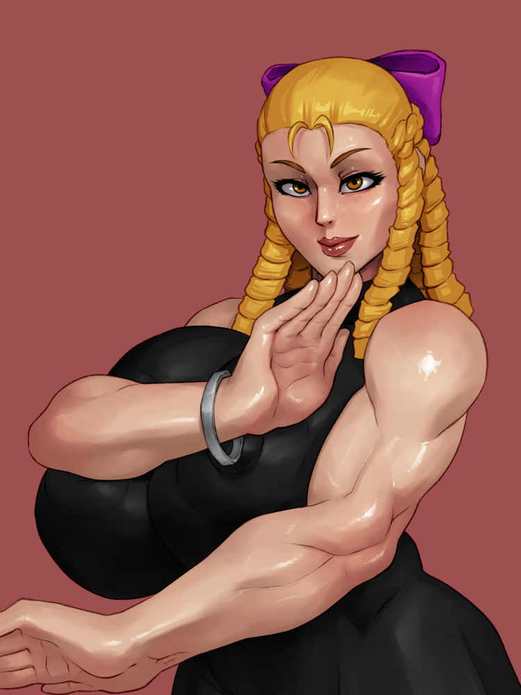 1girls, areolae, blonde hair, breasts, brown eyes, clothed, clothes, dress, eye contact, female, female only, grin, huge breasts, human, karin kanzuki, lipstick, long hair, looking at viewer, muscular, muscular arms, muscular female, pose, rampage0118, red background, ribbon, seductive, seductive smile, smile, solo, source request, standing, street fighter, teeth, wide hips