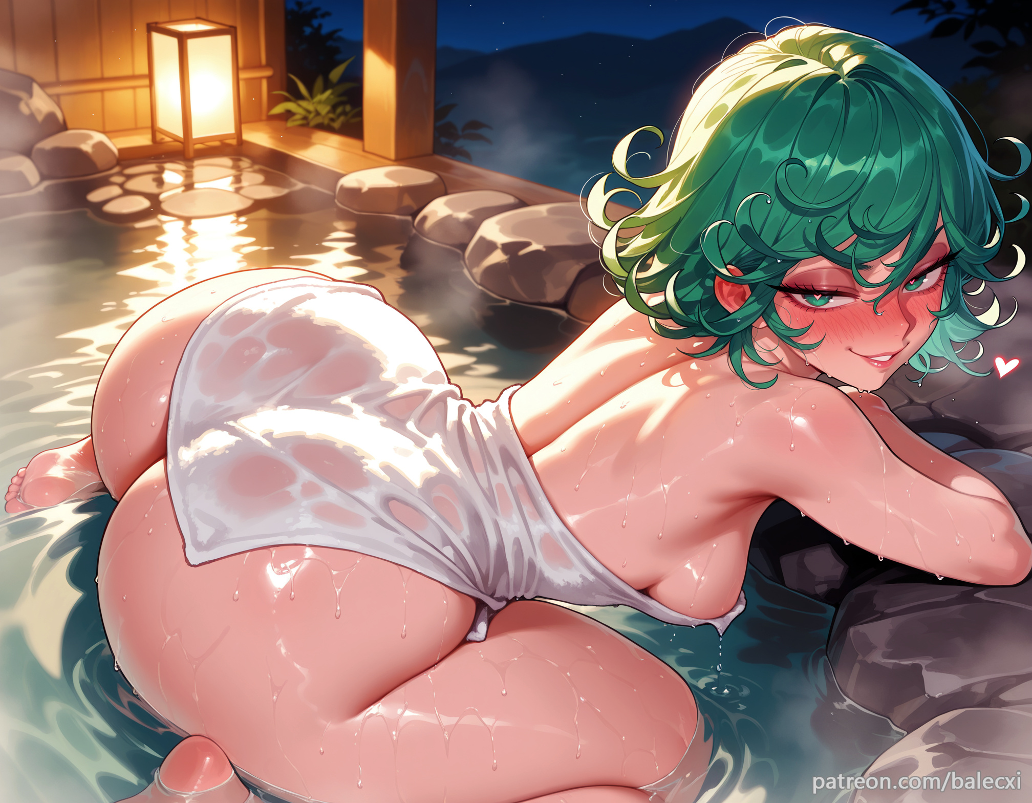 ai generated, balecxi, blush, breasts, curly hair, female, green eyes, green hair, huge ass, looking at viewer, naked towel, one-punch man, onsen, patreon username, short hair, smile, solo, tatsumaki, water, wet