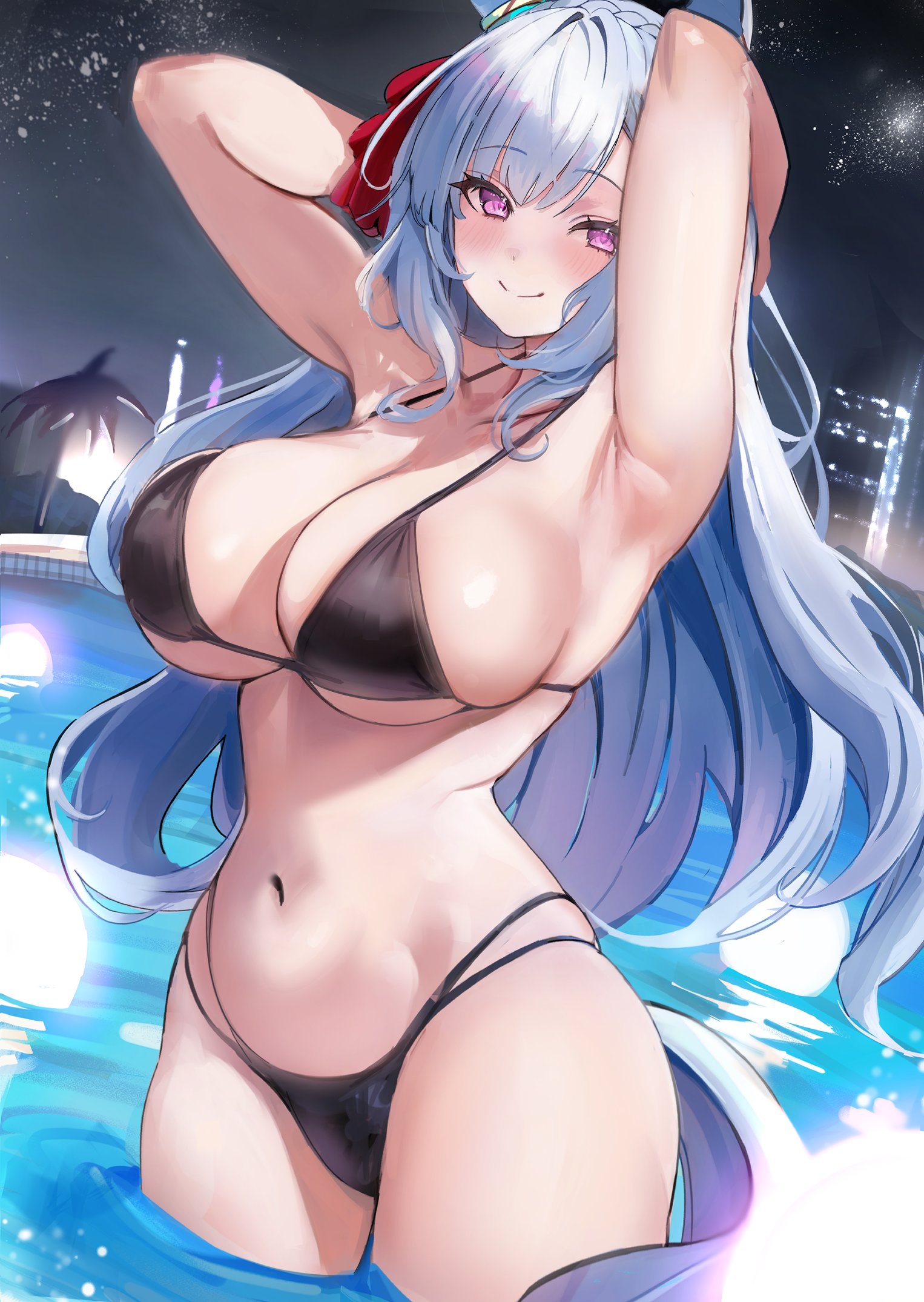 armpits, belly, big breasts, black bikini, breasts, female, large breasts, long hair, looking at viewer, mature, mejiro ardan (umamusume), umamusume, underboob
