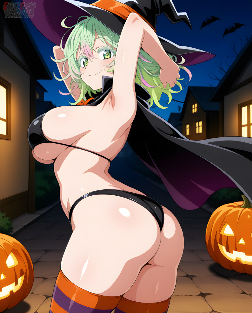 1girls, ai generated, armpits, arms up, bare thighs, big ass, big breasts, big butt, bikini, boku no hero academia, breasts, eroero waifus, fat ass, female, green eyes, green hair, green-haired female, halloween, huge breasts, huge thighs, light skin, light-skinned female, looking at viewer, massive breasts, medium hair, multicolored hair, my hero academia, sideboob, smiling, solo female, squatting, stockings, sweat, sweatdrop, thick body, thick female, thick thighs, thighs, tooru hagakure, tooru hagakure (visible), voluptuous, voluptuous female, witch hat