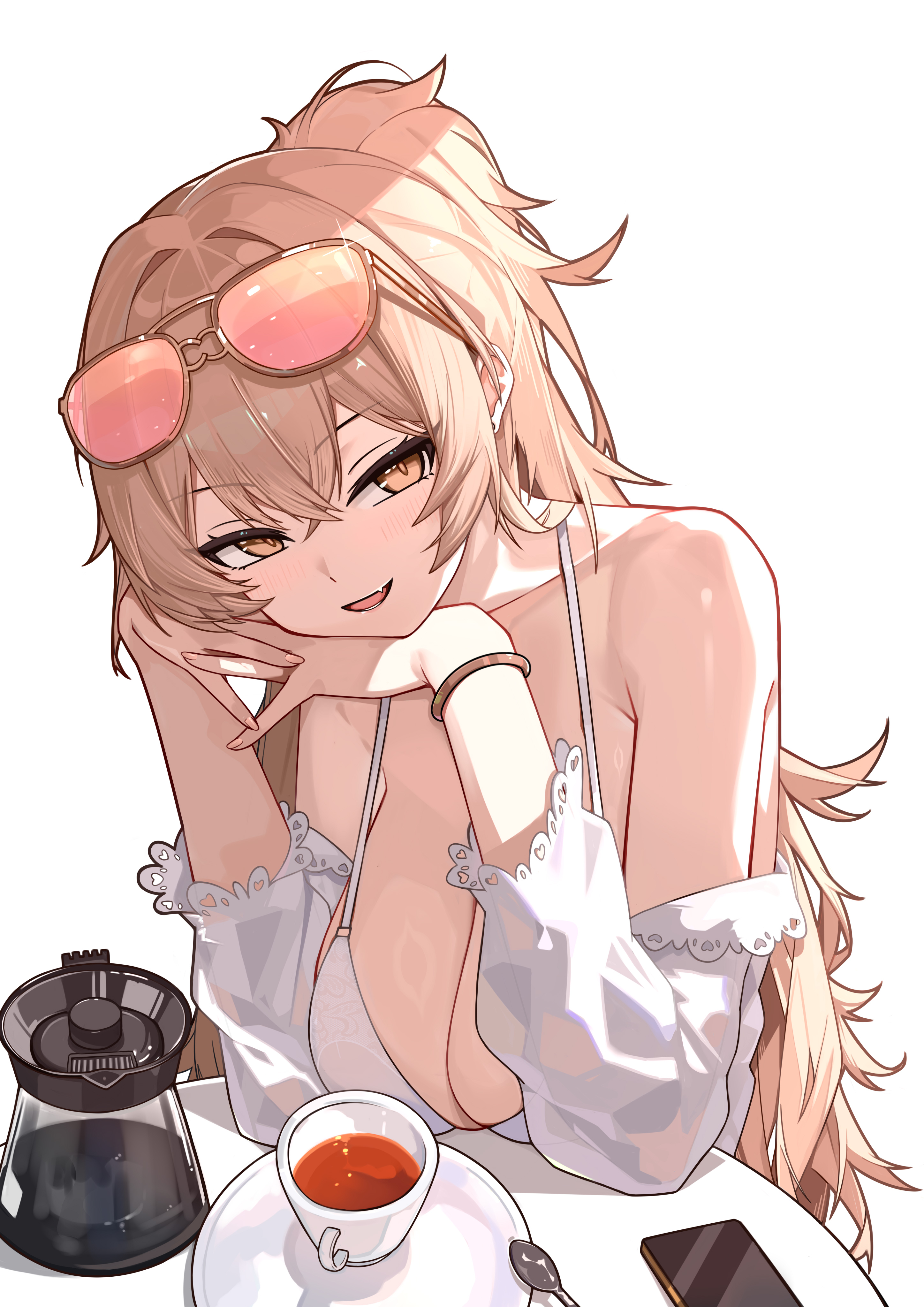 azur lane, bare shoulders, bikini, blonde hair, blush, bracelet, breasts, brown eyes, cellphone, cg, cleavage, coffee, cup, cute fang, eyewear on head, female, hair between eyes, jewelry, large breasts, lion (azur lane), lion (the reclining dandelion) (azur lane), long hair, long sleeves, looking at viewer, off shoulder, open mouth, own hands together, phone, ponytail, saucer, shirt, simple background, skin fang, smartphone, smile, solo, spoon, sunglasses, swimsuit, table, tea, teacup, tinted eyewear, upper body, white background, white bikini, white shirt