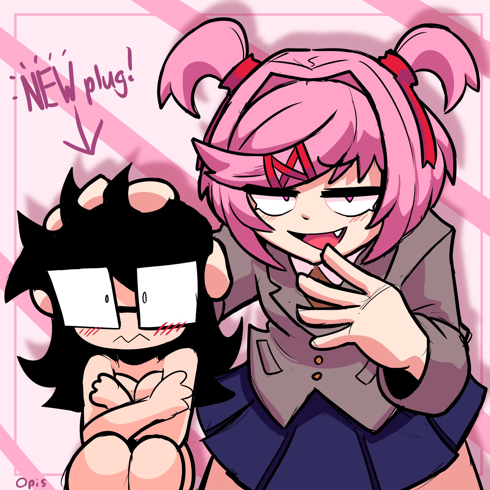 2girls, blush, breasts, covering, covering breasts, cute fang, doki doki literature club, embarrassed, embarrassed naked female, embarrassed nude female, enf, fang, female, female only, lesbian, naked, natsuki (doki doki literature club), nude, oc, opis, original character, zepi (zepiereite)