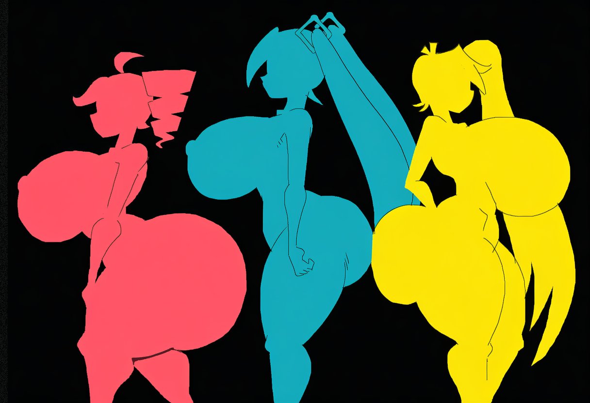 3girls, ahoge, ai generated, akita neru, alternate breast size, ass, ass bigger than head, ass-to-ass, bigger & better, black background, breasts, crossover, drill hair, female, female only, flat color, gigantic breasts, hatsune miku, huge ass, huge breasts, hyper ass, kasane teto, long hair, multiple girls, nipples, nude, silhouette, standing, thick thighs, thighs, twin drills, twintails, very long hair, vocaloid