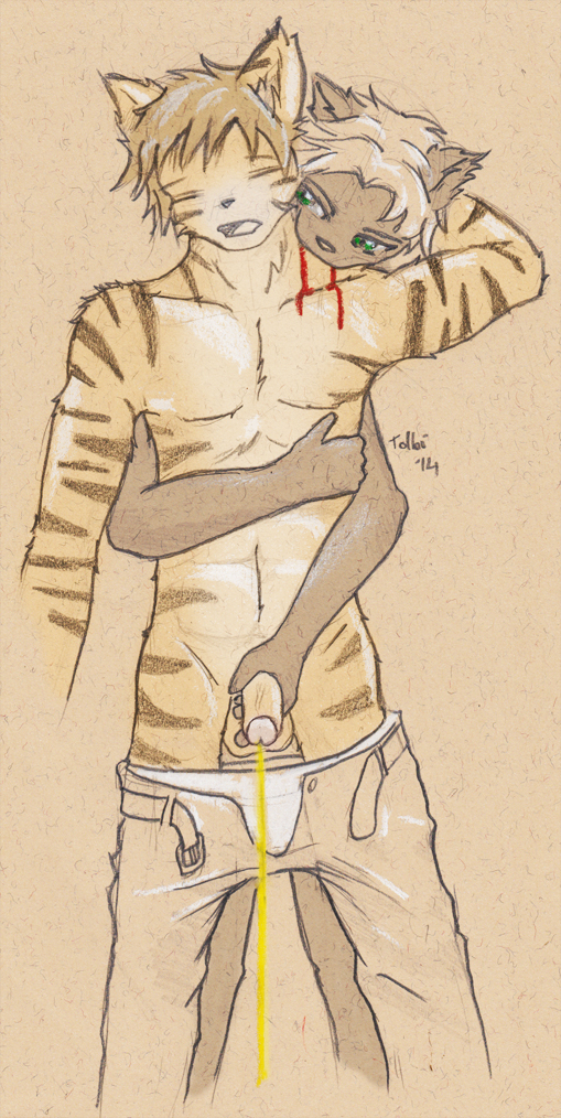 2014 anthro bite blood clothed clothes feline from_behind fur furry green_eyes long_hair male mammal peeing plain_background tiger tolbi traditional_media urine watersports